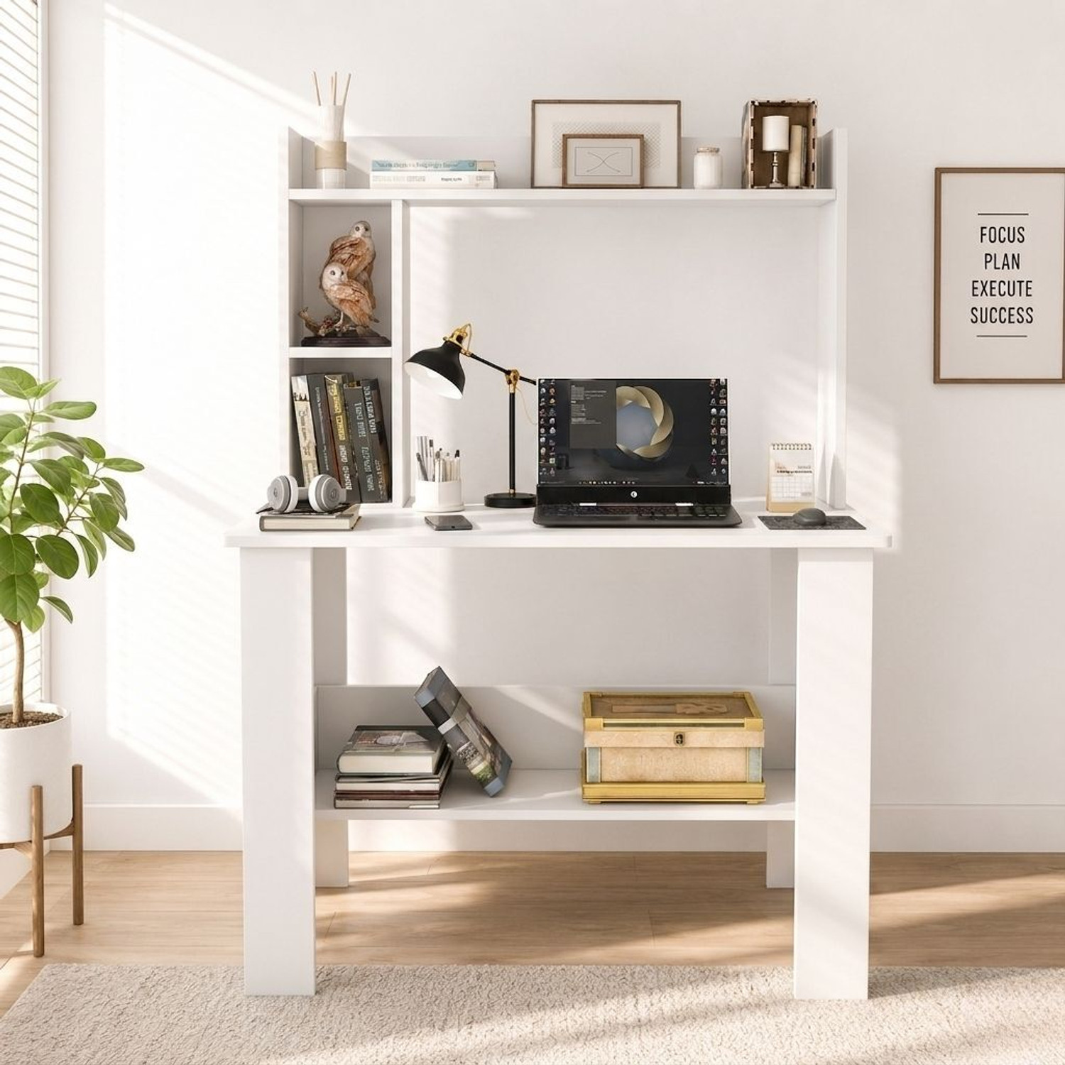 Image of Lukzar Multipurpose Portable Study Desk with Hutch Storage & Shelves for Home Office Engineered Wood Study Table