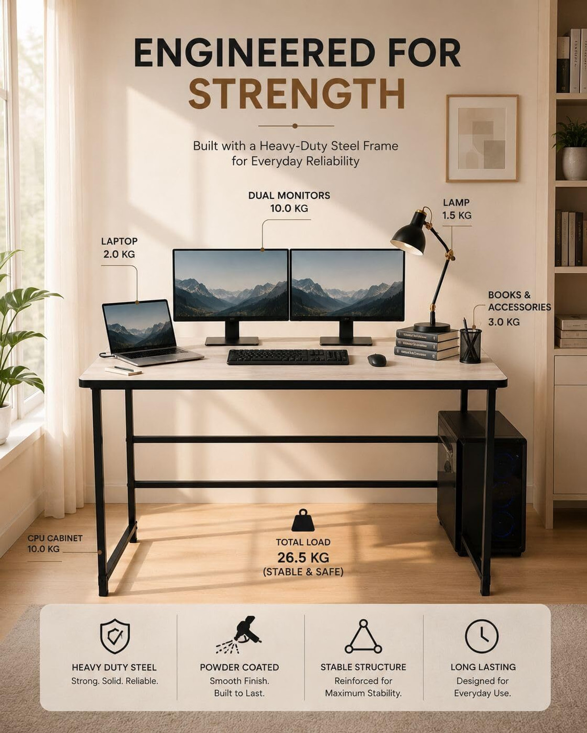 Image of Dumos Wooden Study Table for Home & Office | Wooden Computer Desk Pearl White Engineered Wood Computer Desk