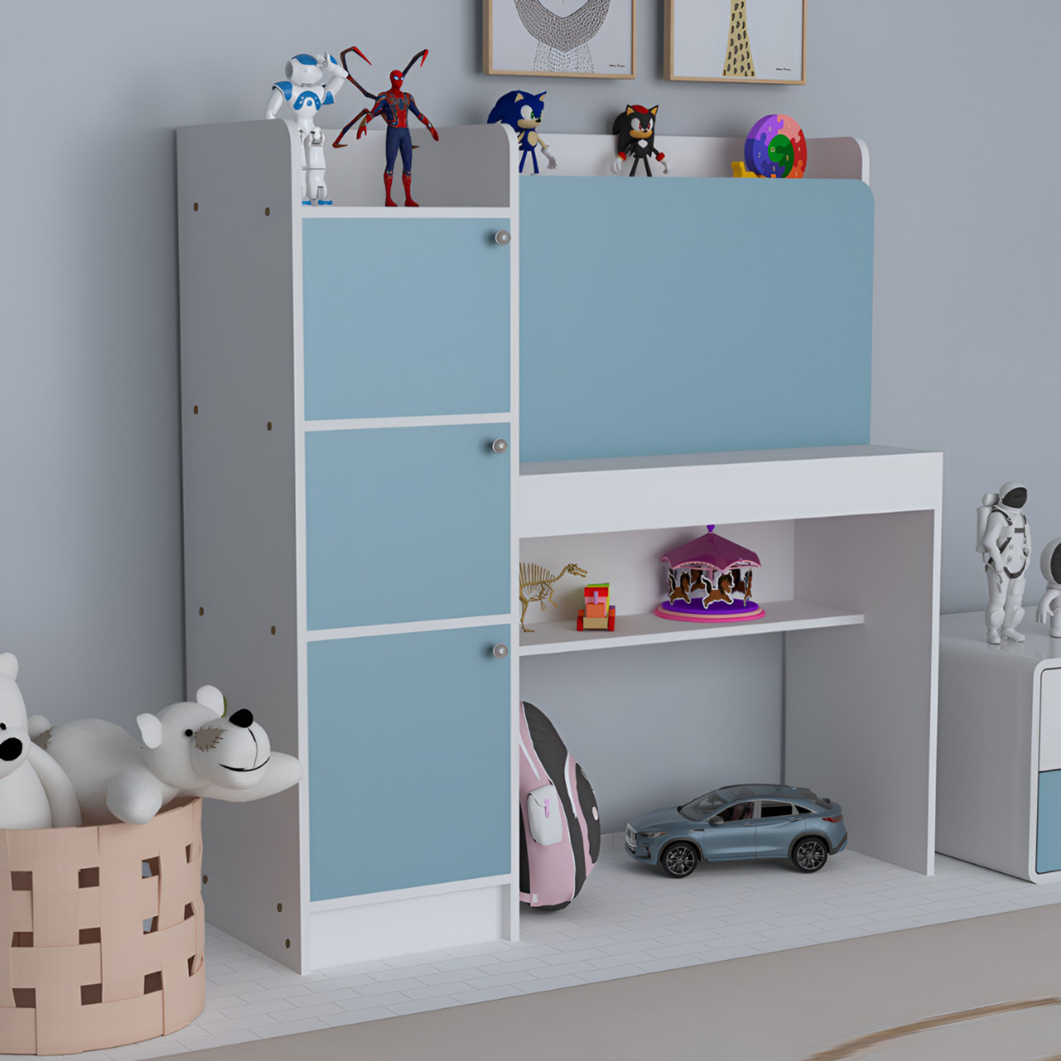 Image of ROOSO LIVING Vision 3 Door Study Table with Storage Cabinet & Bookshelf Engineered Wood Computer Desk