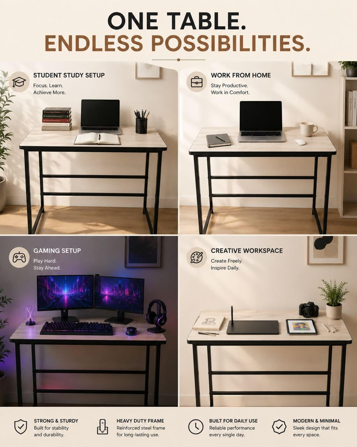 Image of Dumos Wooden Study Table for Home & Office | Wooden Computer Desk Pearl White Engineered Wood Computer Desk