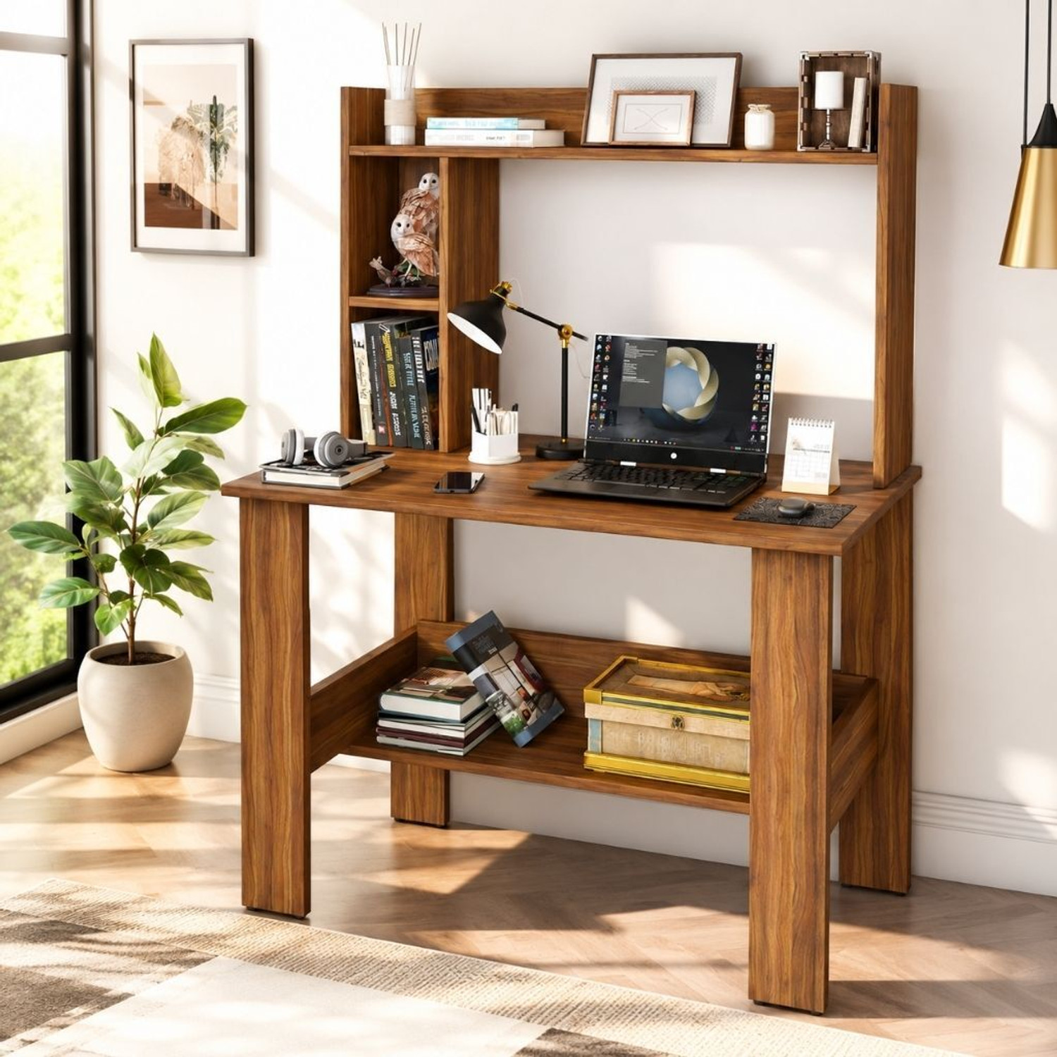 Image of Lukzar Multipurpose Portable Study Desk with Hutch Storage & Shelves for Home Office Engineered Wood Study Table