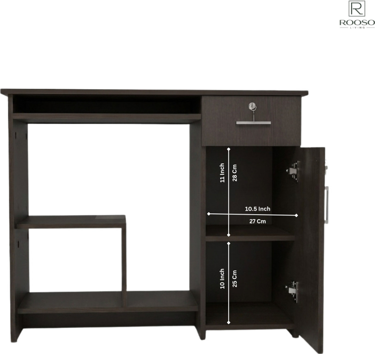 Image of ROOSO LIVING Relish Engineered Wood Study Table with Drawer, Lockable Cabinet & Open Shelves Engineered Wood Computer Desk