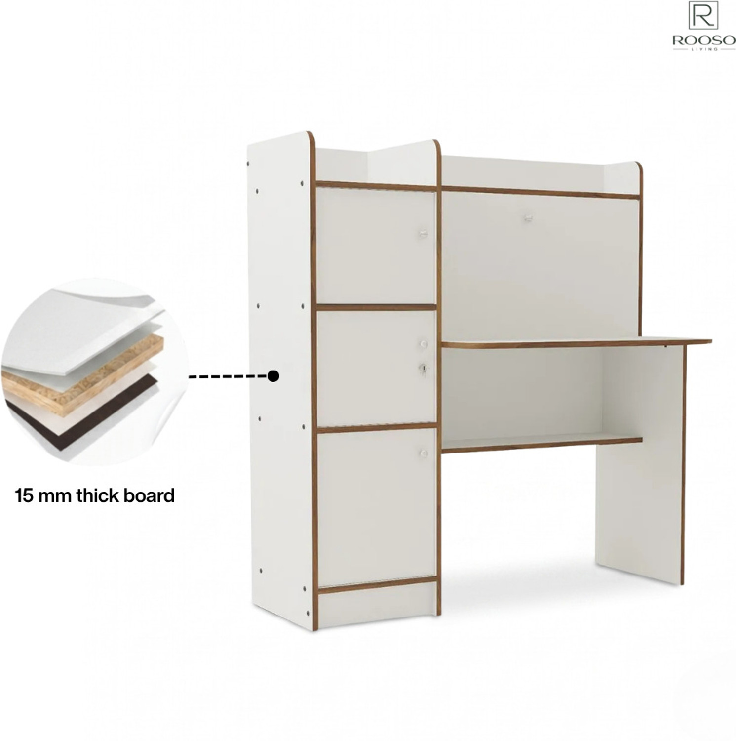 Image of ROOSO LIVING Vision 3 Door Study Table with Storage Cabinet & Bookshelf Engineered Wood Computer Desk