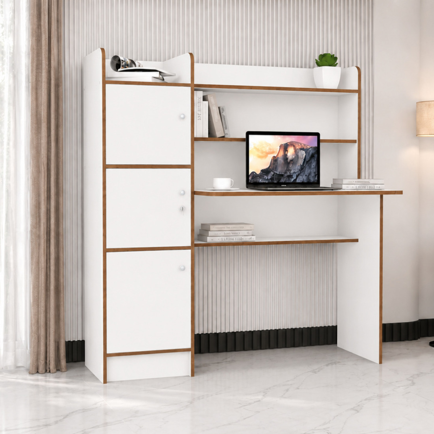 Image of ROOSO LIVING Vision 3 Door Study Table with Storage Cabinet & Bookshelf Engineered Wood Computer Desk