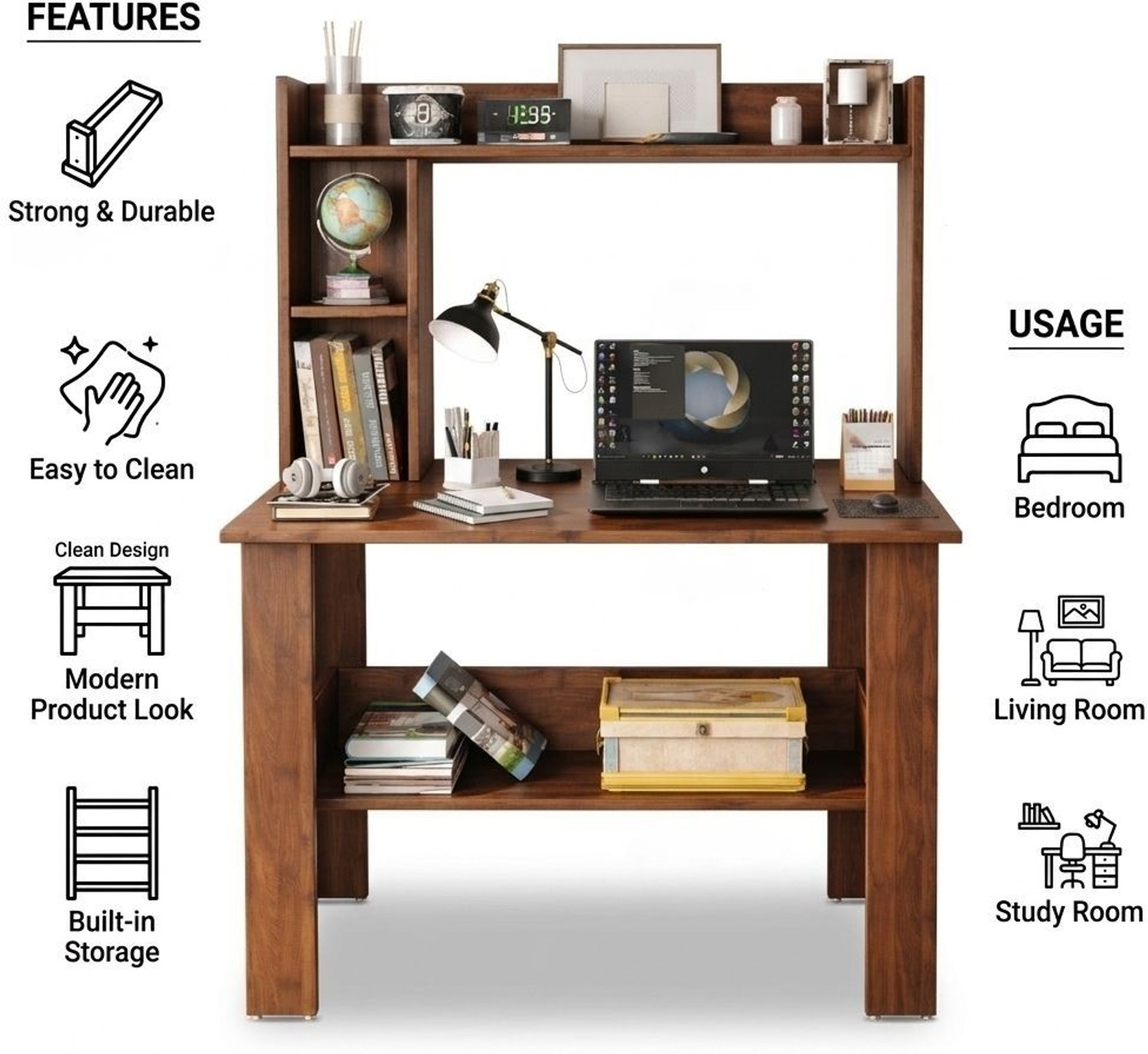 Image of Home Delight Multipurpose Portable Study Desk with Book Storage for Home & Office Engineered Wood Computer Desk