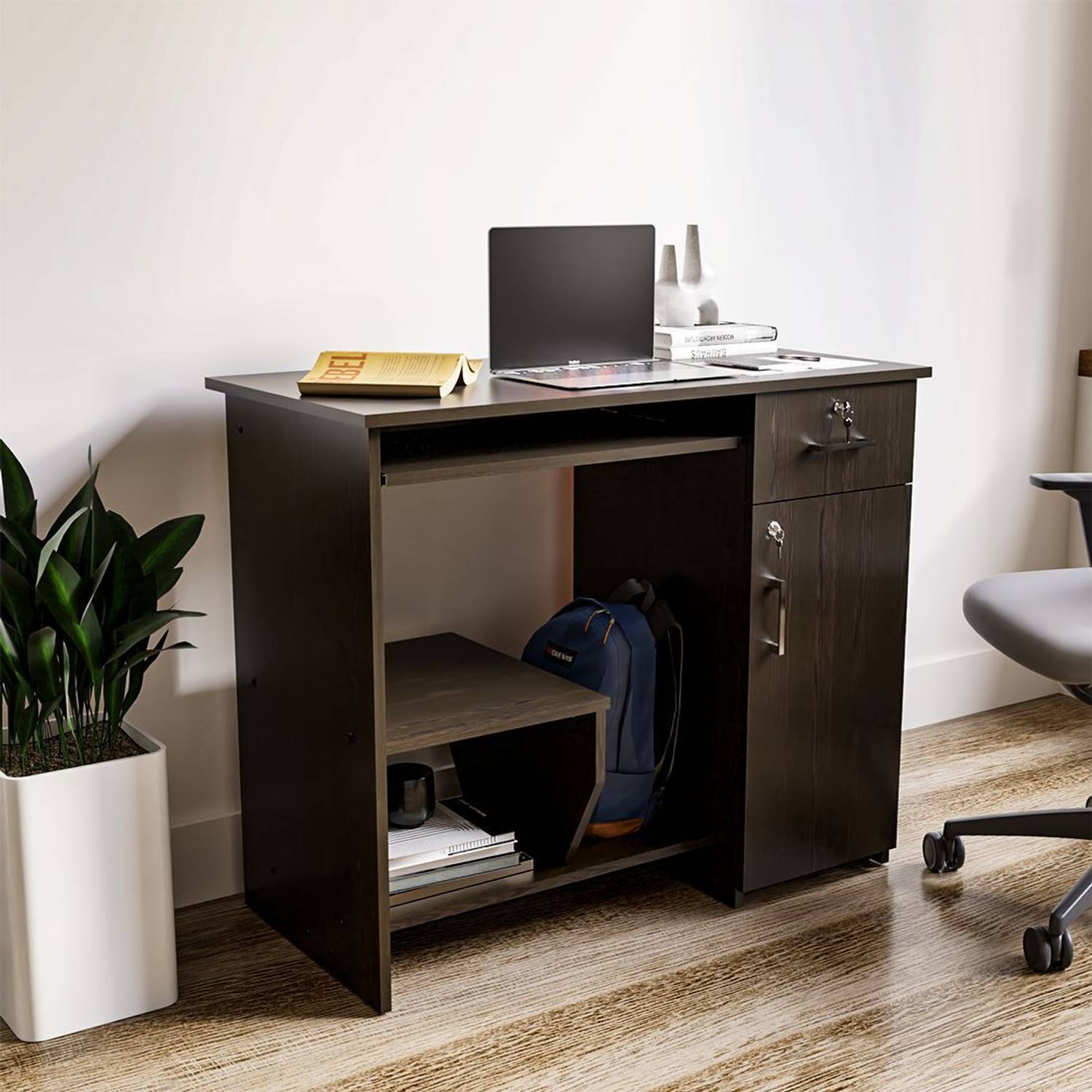 neuspace Buker Computer Table with Shelf, Large Engineered Wood Desk