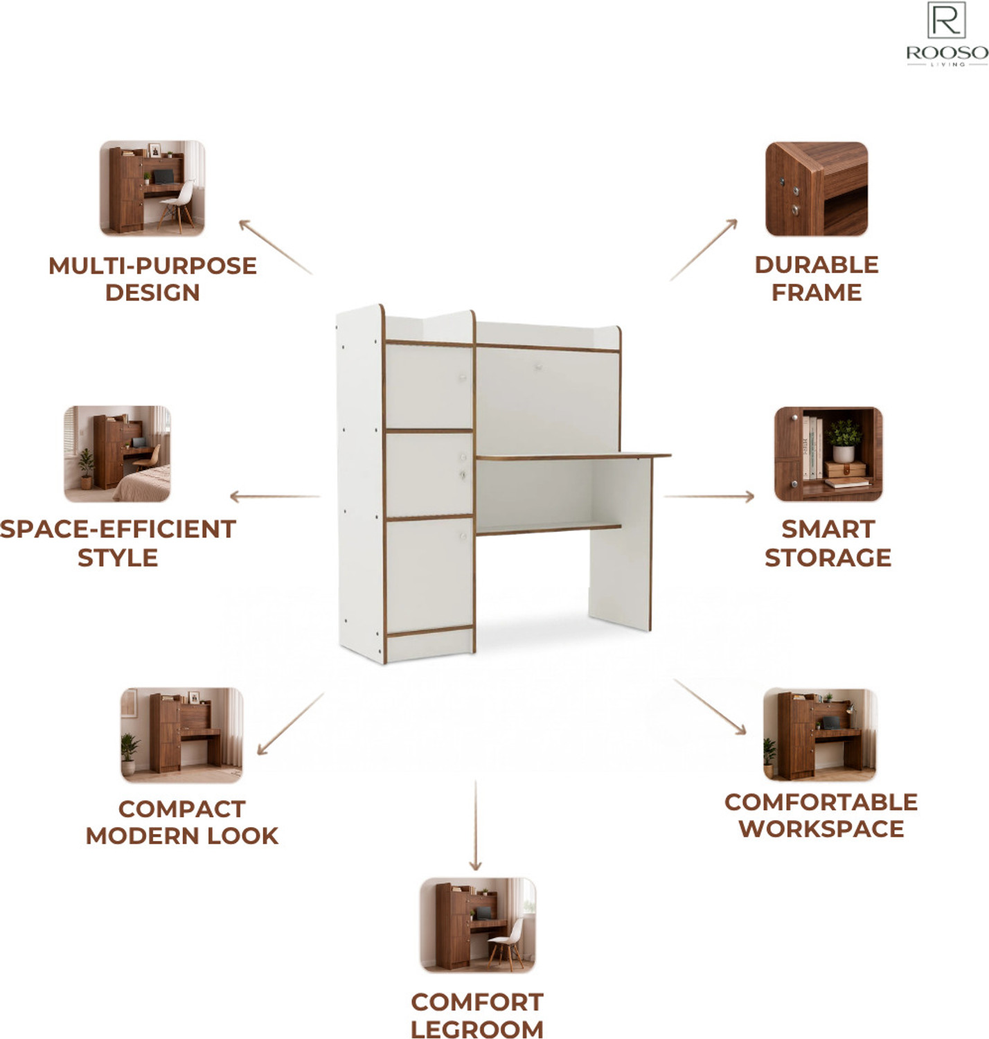 Image of ROOSO LIVING Vision 3 Door Study Table with Storage Cabinet & Bookshelf Engineered Wood Computer Desk