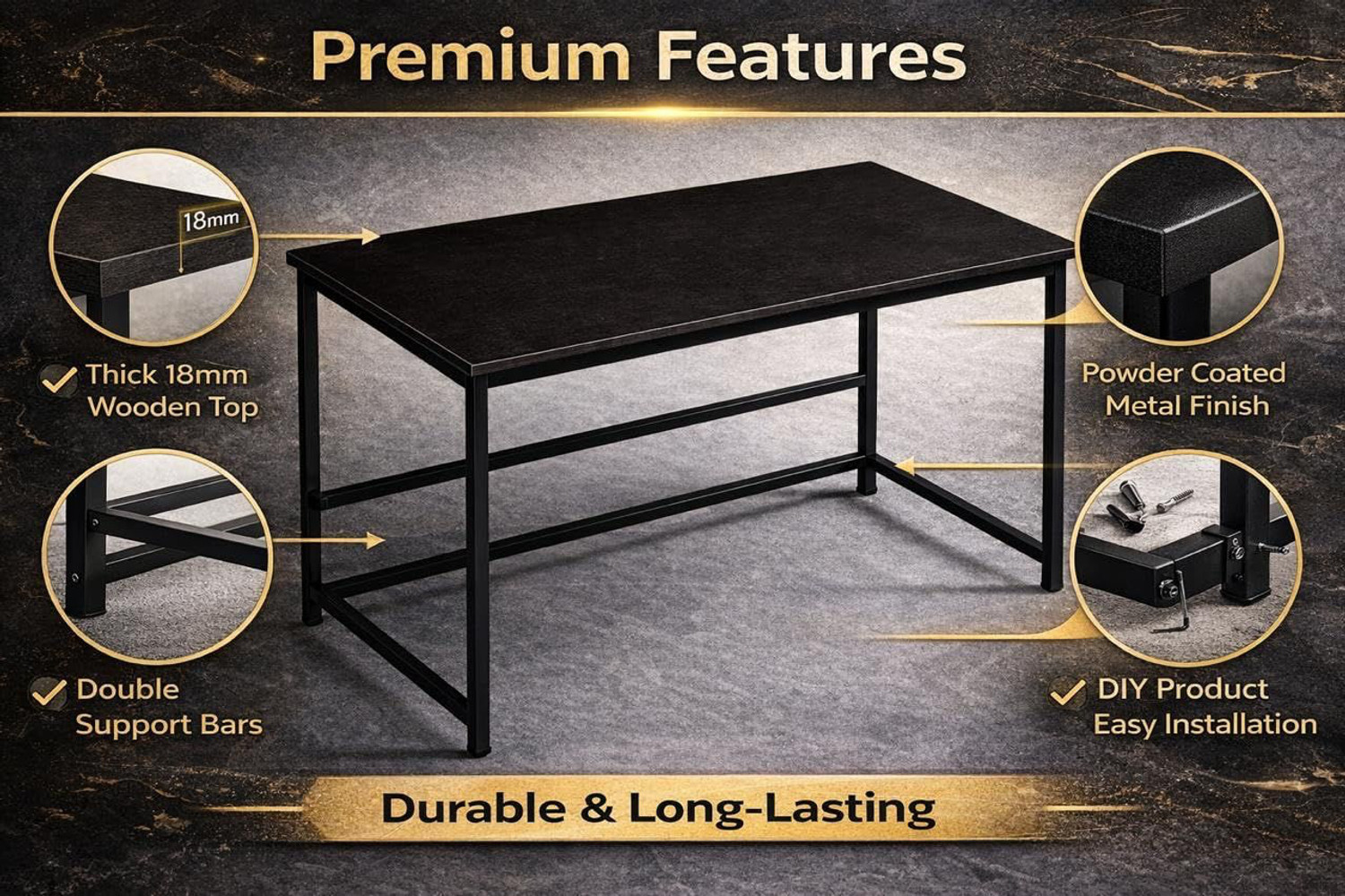 Image of Dumos Computer Desk with Metal Frame | Study & Office Table for Home, [Black] Engineered Wood Computer Desk