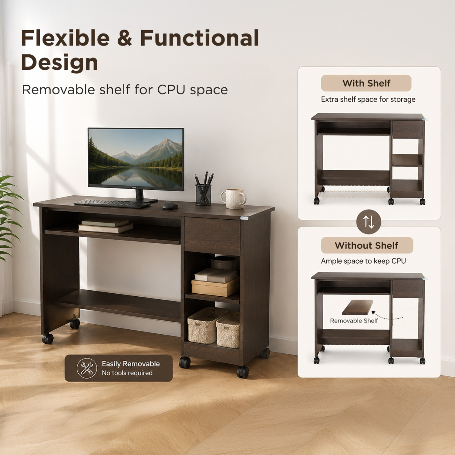 Image of Nilkamal Zenith Lite Computer Table with Keyboard Tray, 2 Open Shelves and 1 Drawer| Engineered Wood Computer Desk (Straight, Finish Color - Wenge, Knock Down)