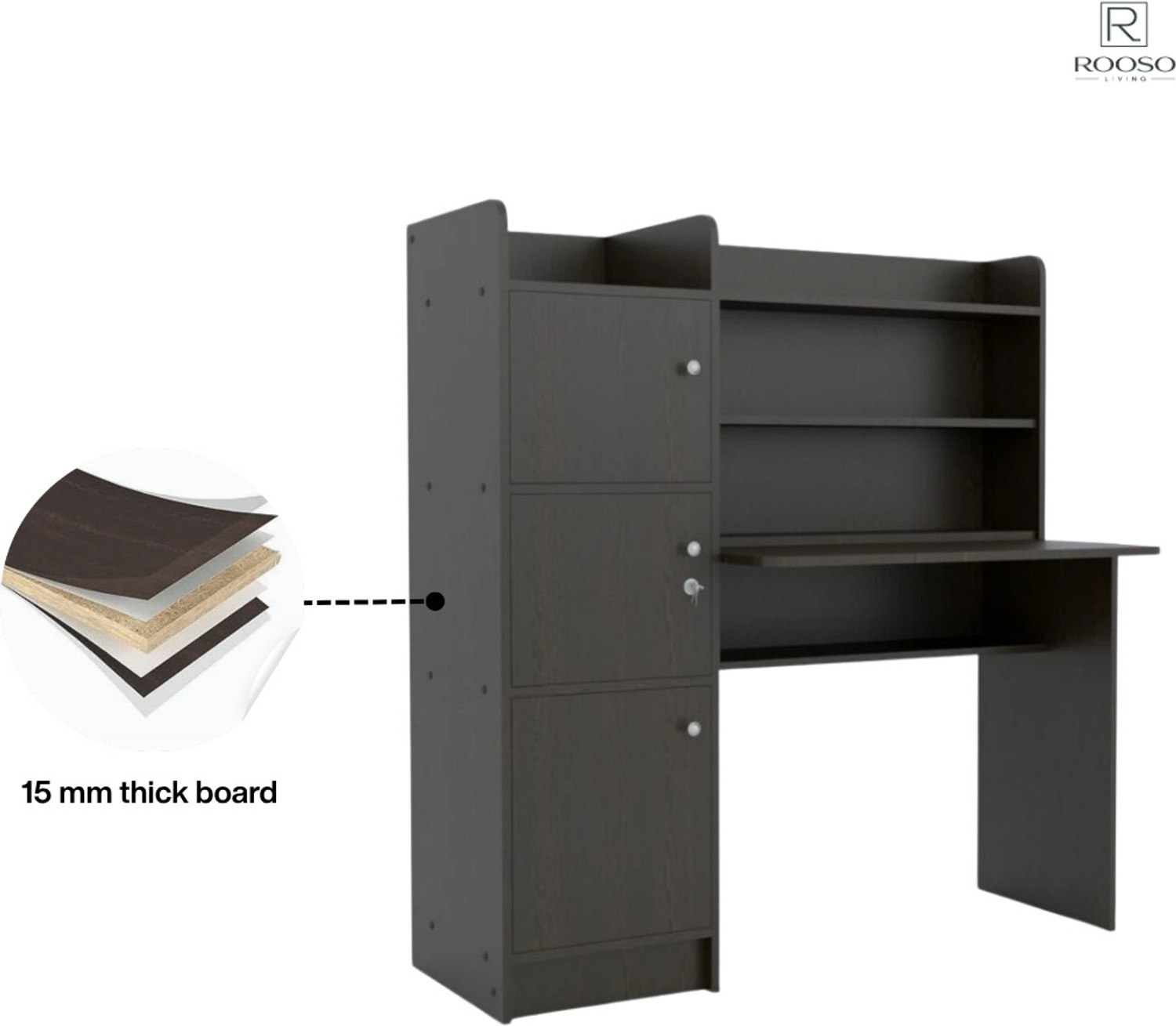 Image of ROOSO LIVING Vision 3 Door Study Table with Storage Cabinet & Bookshelf Engineered Wood Computer Desk