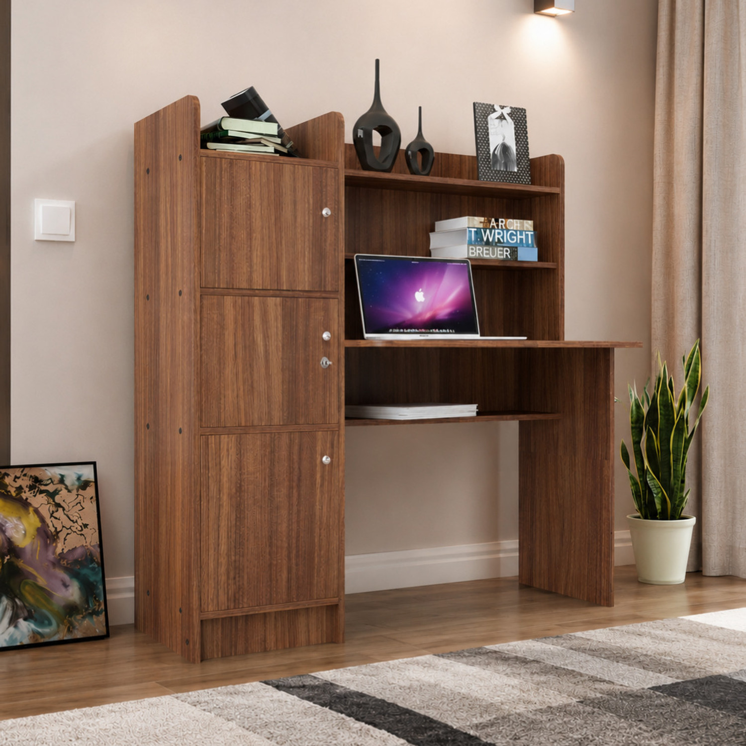 Image of ROOSO LIVING Vision 3 Door Study Table with Storage Cabinet & Bookshelf Engineered Wood Computer Desk