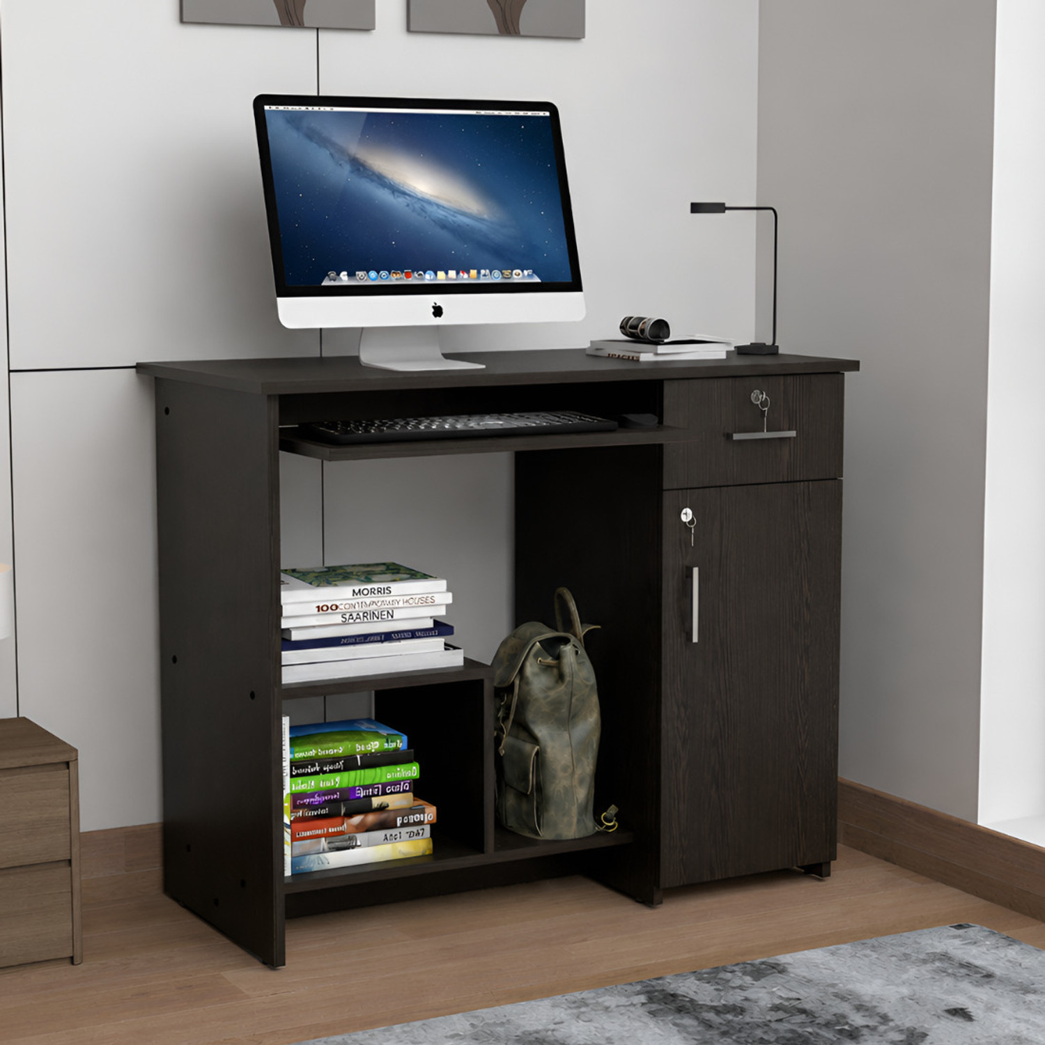 Image of ROOSO LIVING Relish Engineered Wood Study Table with Drawer, Lockable Cabinet & Open Shelves Engineered Wood Computer Desk