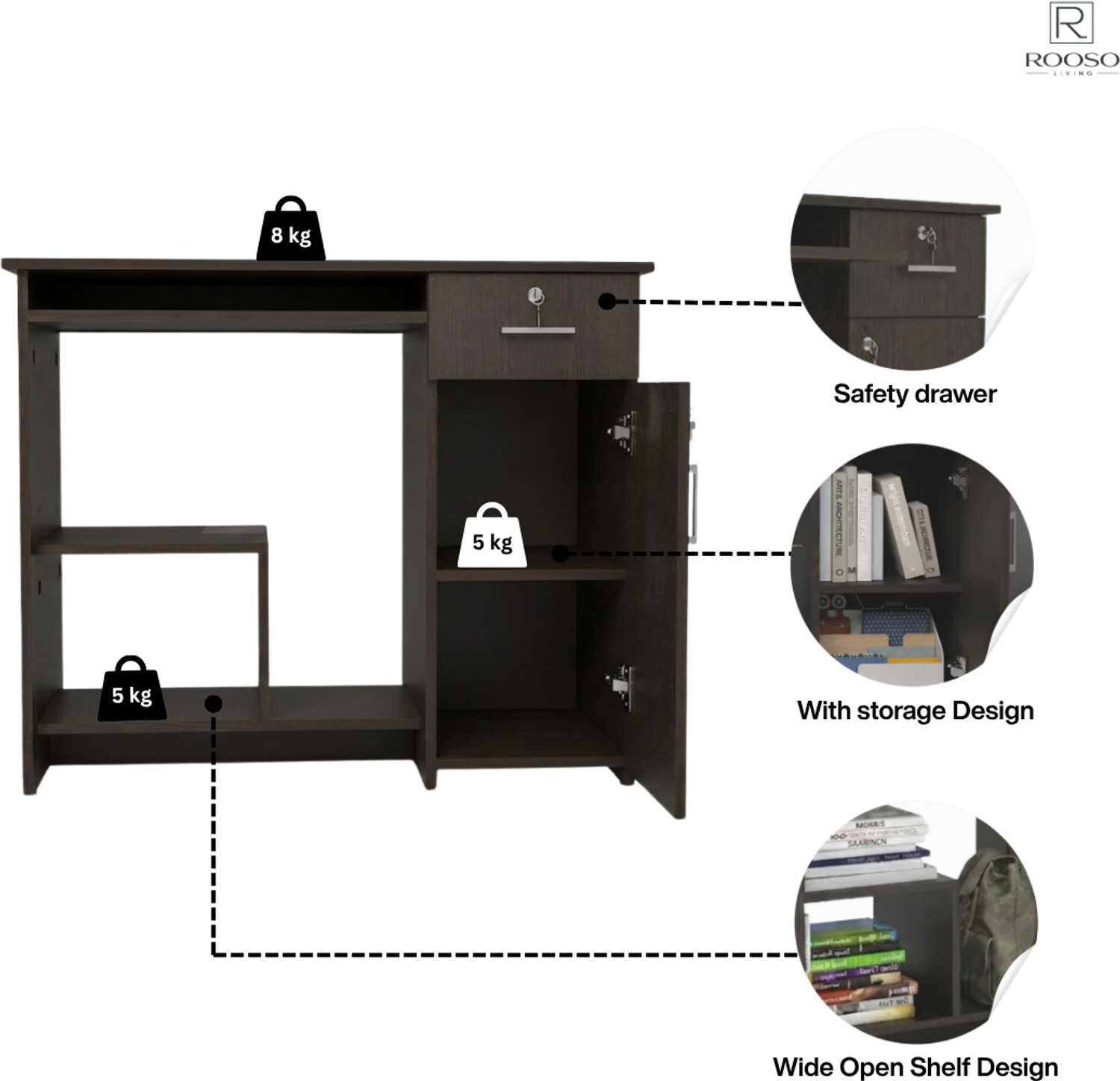 Image of ROOSO LIVING Relish Engineered Wood Study Table with Drawer, Lockable Cabinet & Open Shelves Engineered Wood Computer Desk