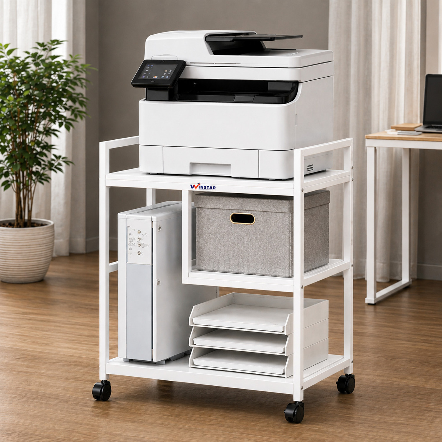 Image of Winstar Printer Stand on Wheels, Shredder & CPU Stand, Rolling Cart for Computer | Metal Computer Desk