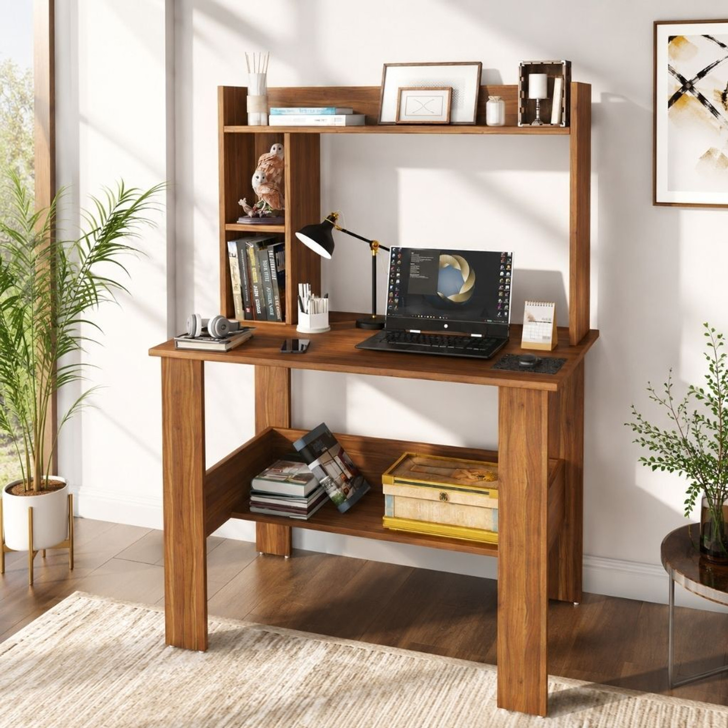 Image of Lukzar Multipurpose Portable Study Desk with Hutch Storage & Shelves for Home Office Engineered Wood Study Table
