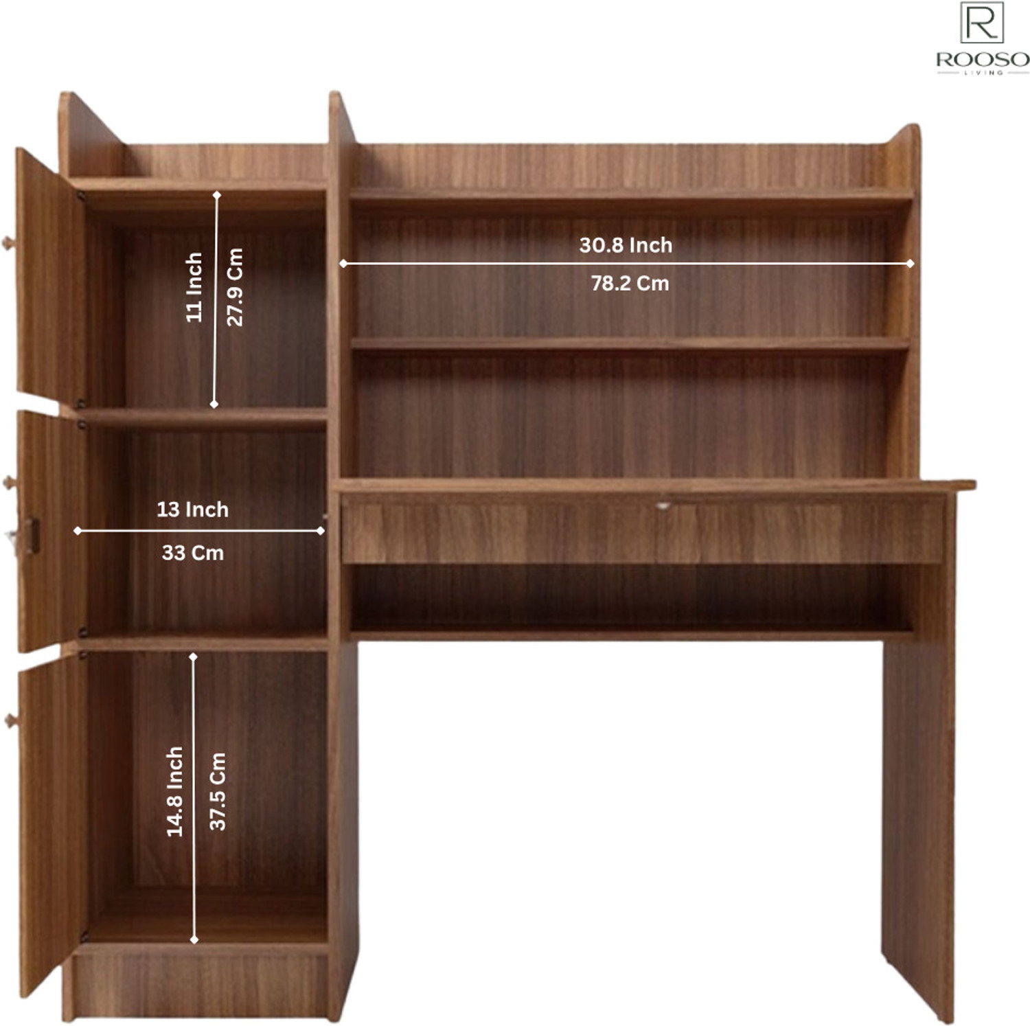 Image of ROOSO LIVING Vision 3 Door Study Table with Storage Cabinet & Bookshelf Engineered Wood Computer Desk
