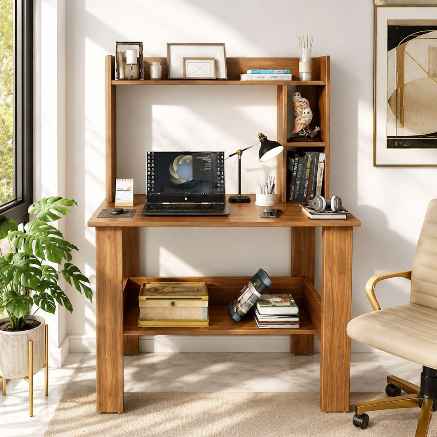 Image of Lukzar Multipurpose Portable Study Desk with Hutch Storage & Shelves for Home Office Engineered Wood Study Table