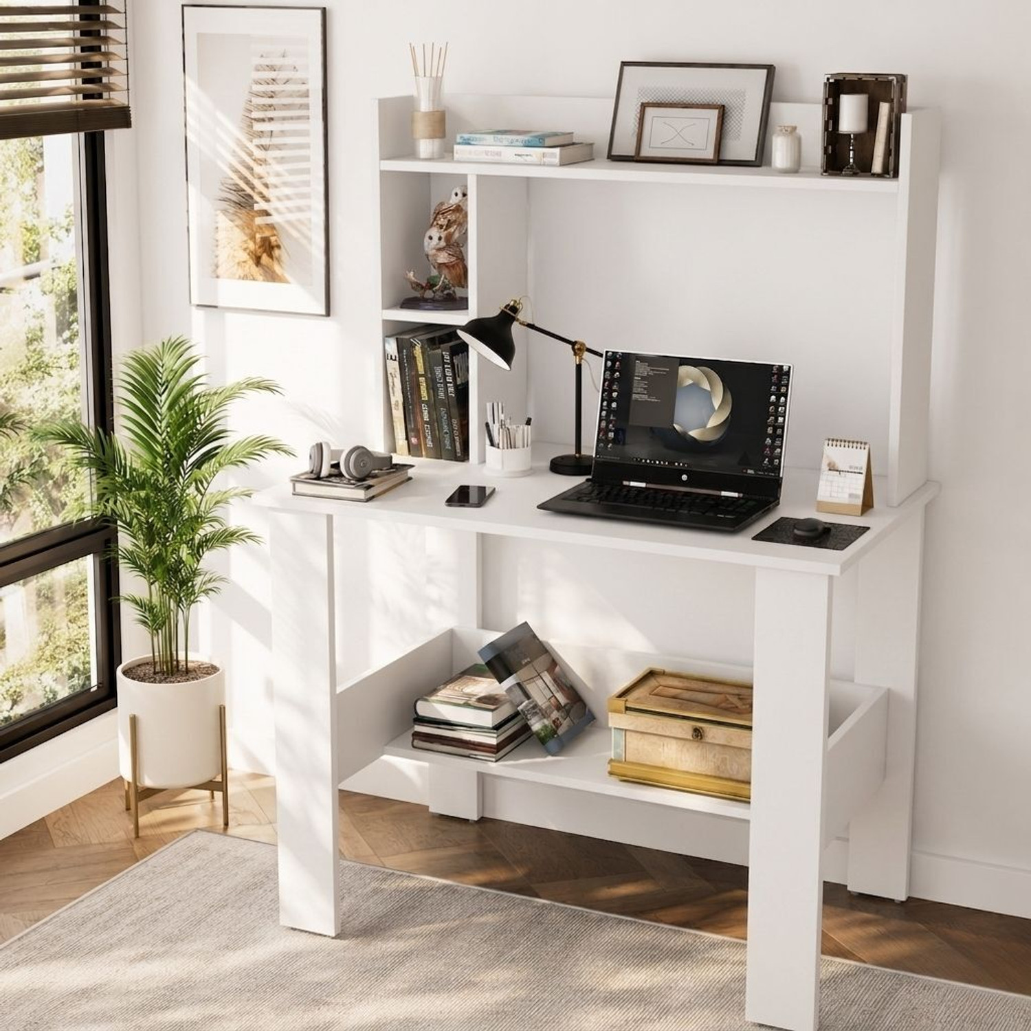 Image of Lukzar Multipurpose Portable Study Desk with Hutch Storage & Shelves for Home Office Engineered Wood Study Table