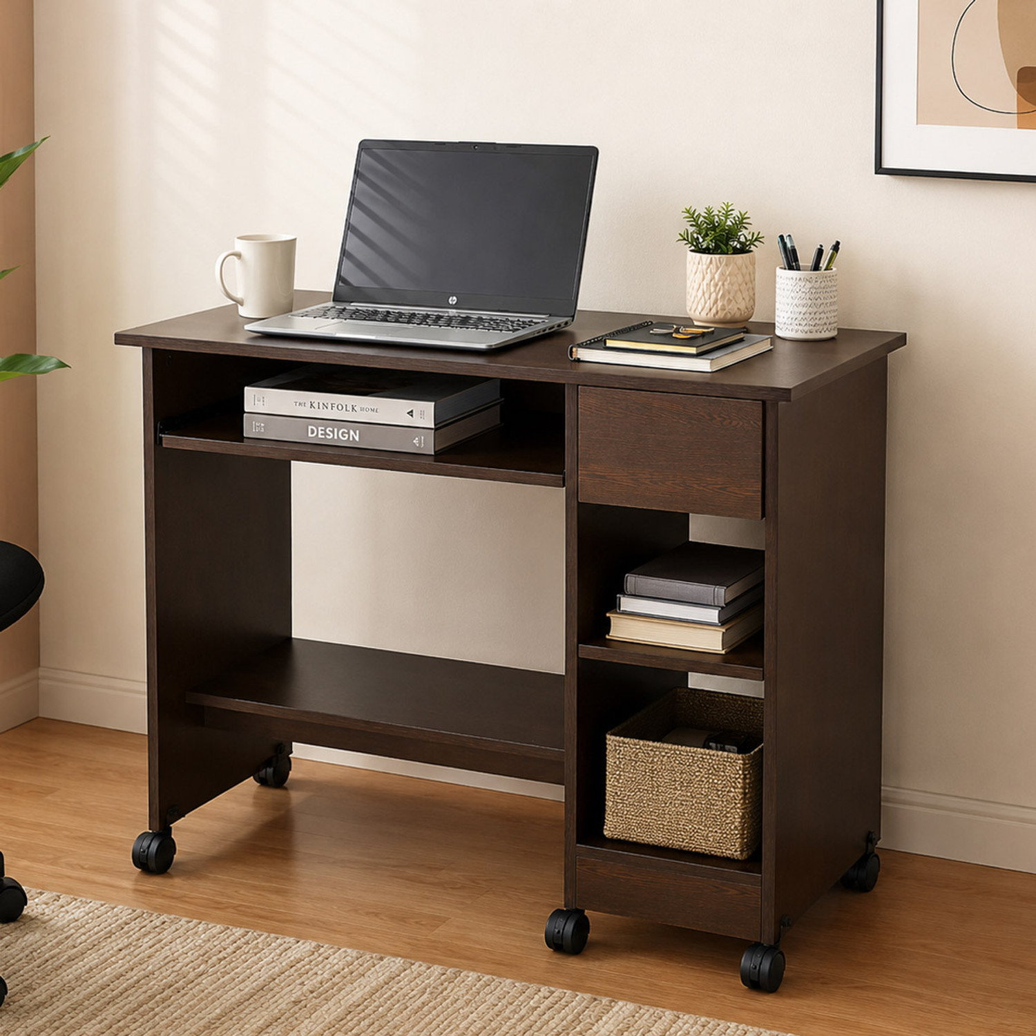 Image of Nilkamal Zenith Lite Computer Table with Keyboard Tray, 2 Open Shelves and 1 Drawer| Engineered Wood Computer Desk (Straight, Finish Color - Wenge, Knock Down)