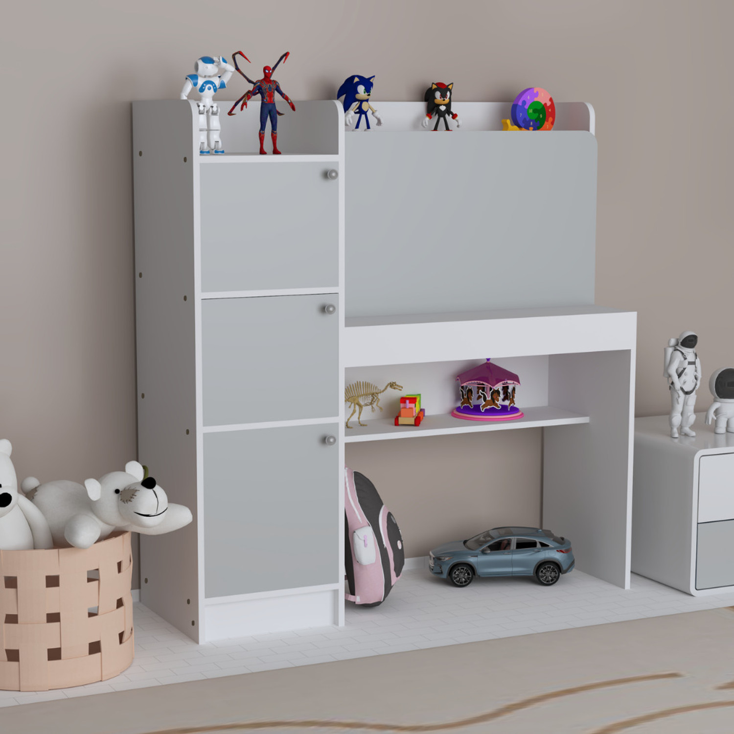 Image of ROOSO LIVING Vision 3 Door Study Table with Storage Cabinet & Bookshelf Engineered Wood Computer Desk