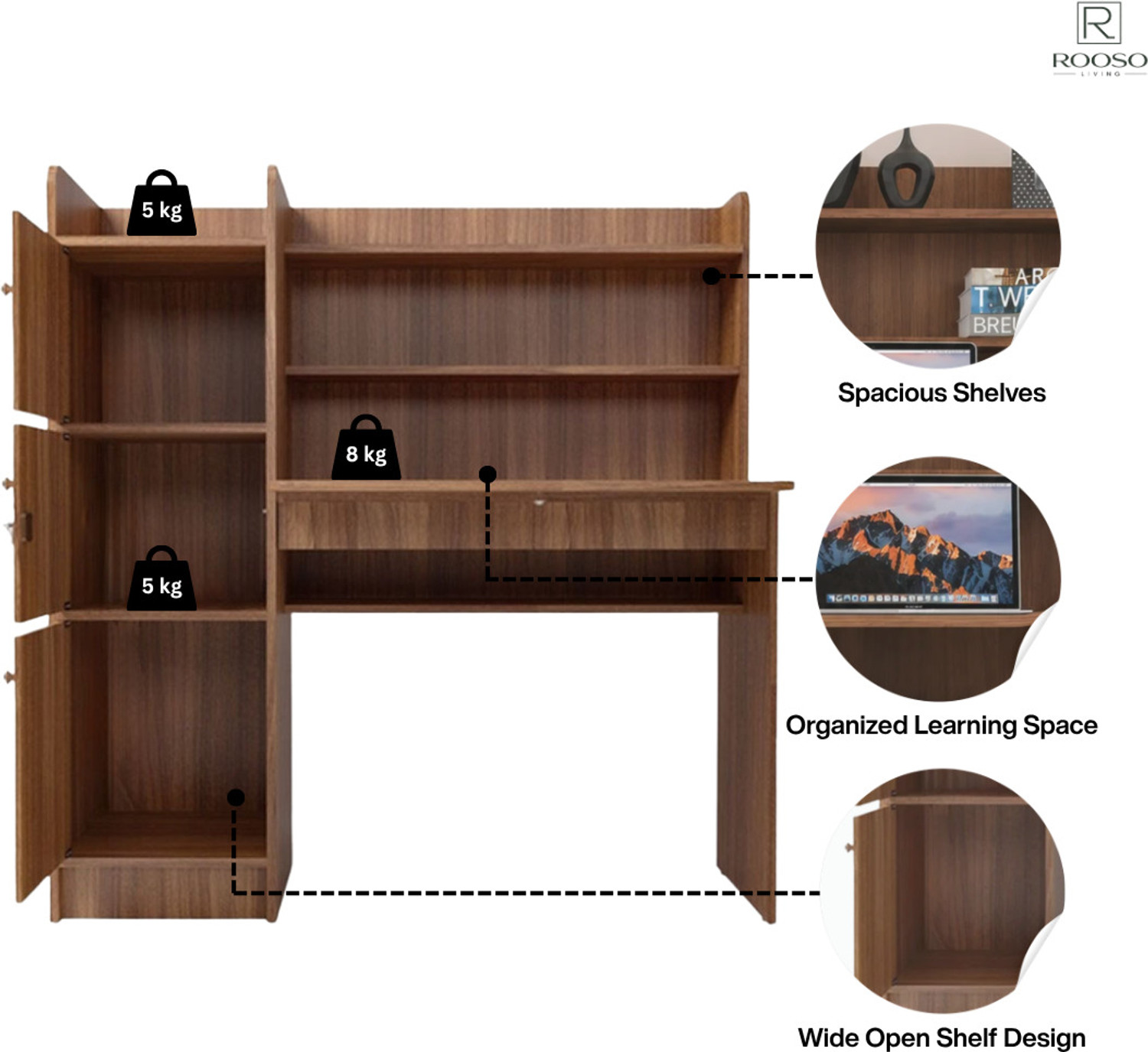 Image of ROOSO LIVING Vision 3 Door Study Table with Storage Cabinet & Bookshelf Engineered Wood Computer Desk