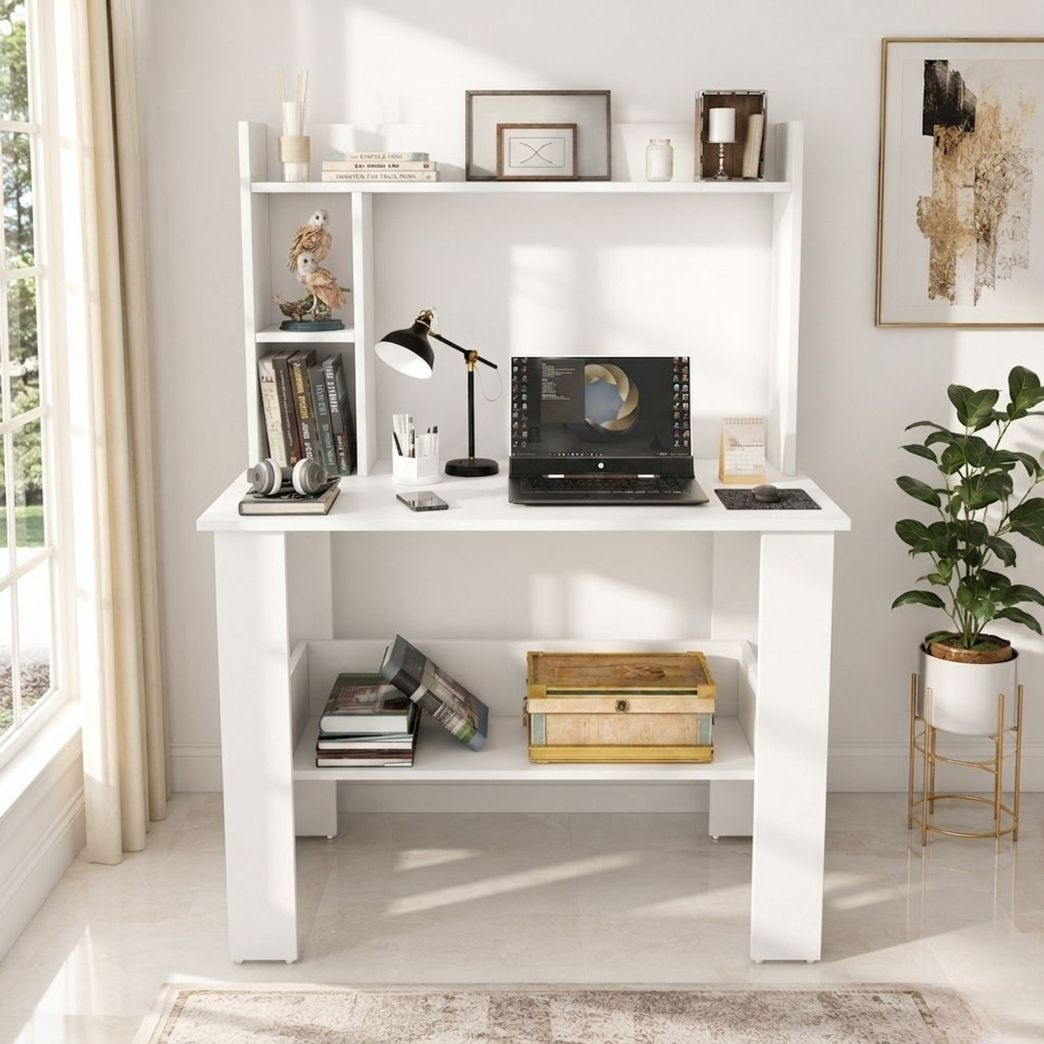 Image of Lukzar Multipurpose Portable Study Desk with Hutch Storage & Shelves for Home Office Engineered Wood Study Table
