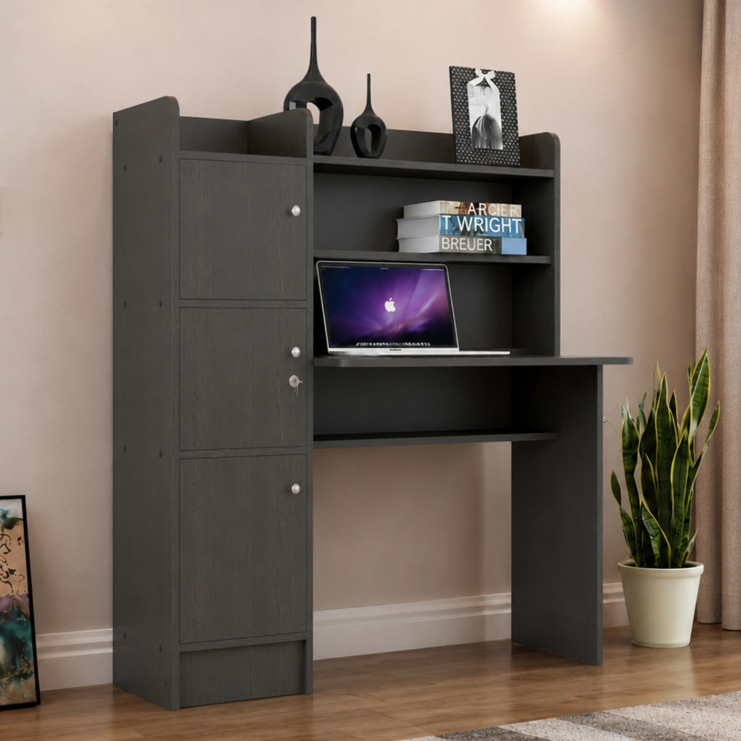 Image of ROOSO LIVING Vision 3 Door Study Table with Storage Cabinet & Bookshelf Engineered Wood Computer Desk