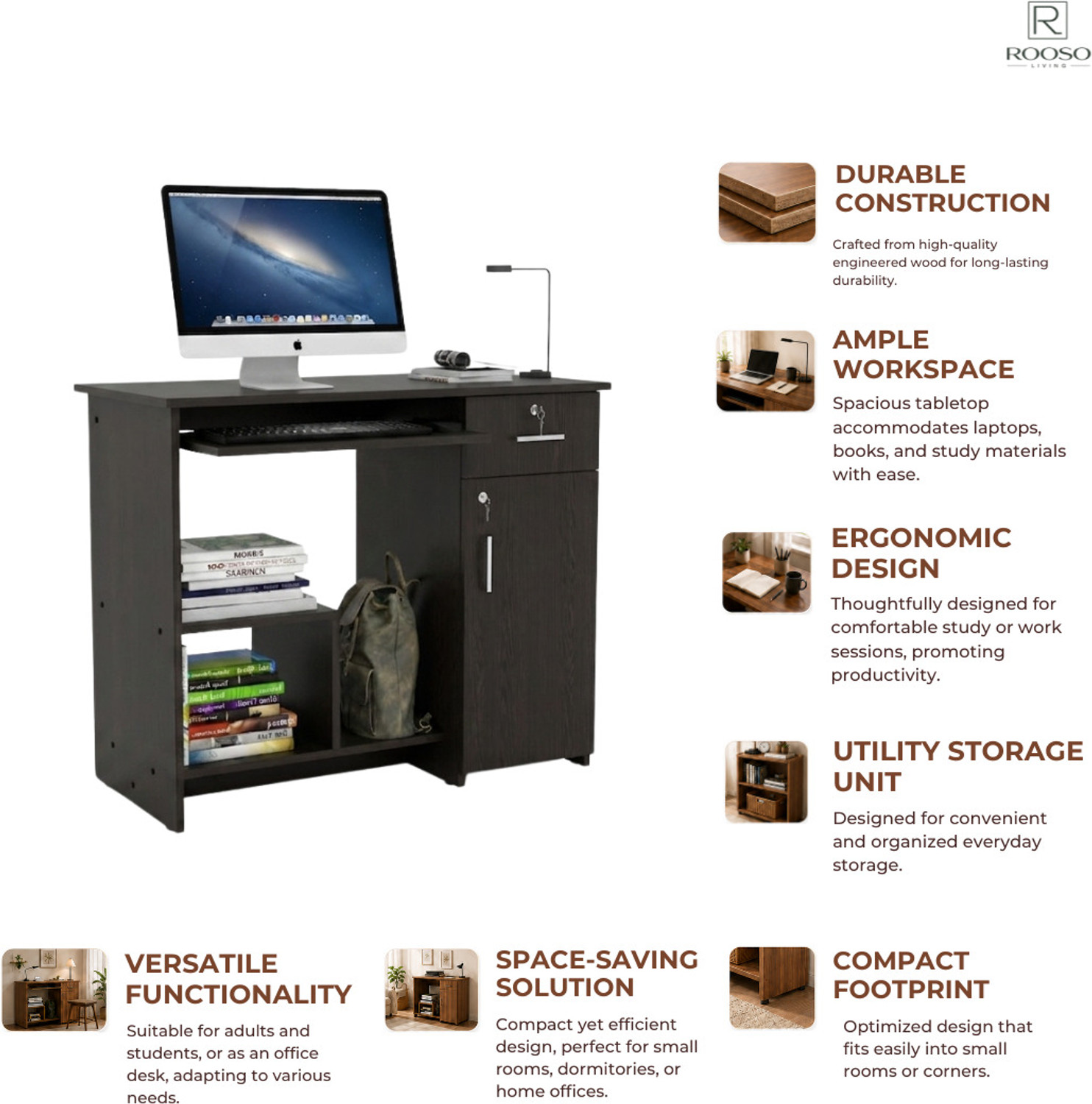 Image of ROOSO LIVING Relish Engineered Wood Study Table with Drawer, Lockable Cabinet & Open Shelves Engineered Wood Computer Desk