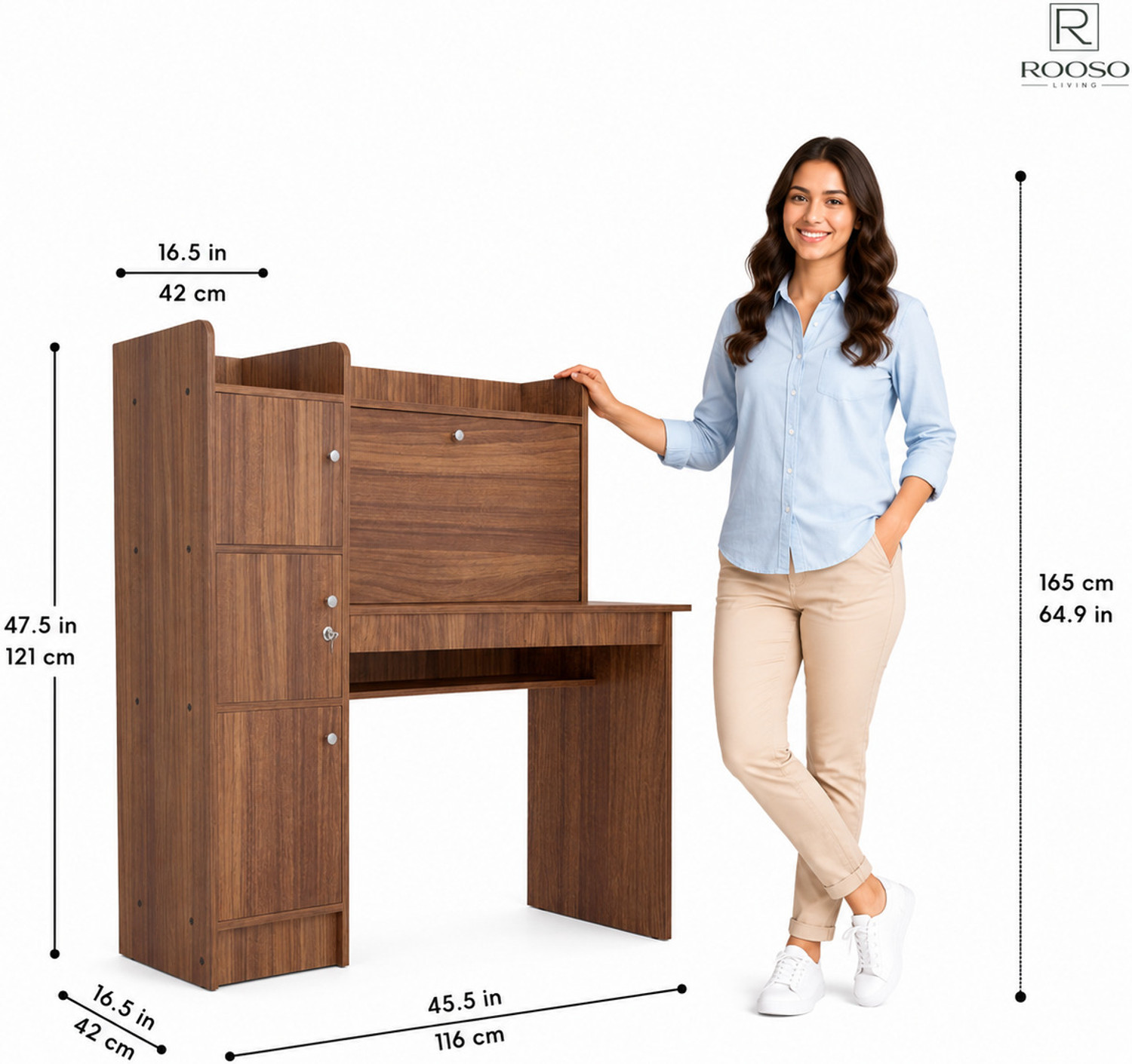 Image of ROOSO LIVING Vision 3 Door Study Table with Storage Cabinet & Bookshelf Engineered Wood Computer Desk