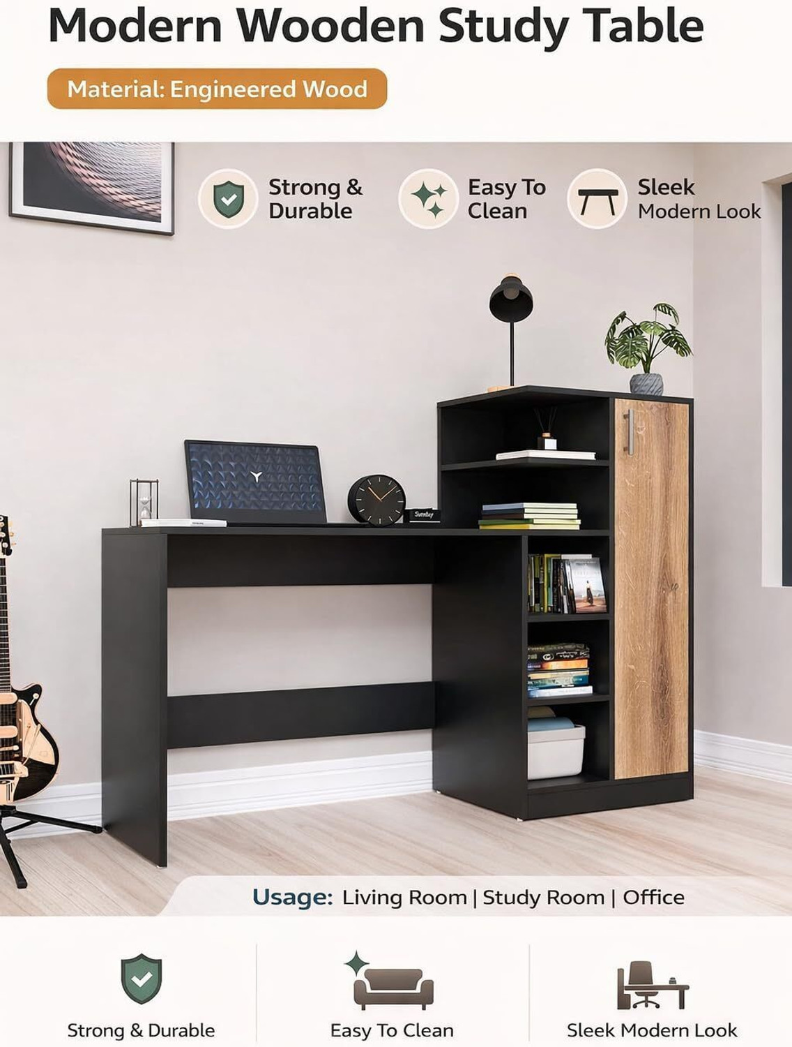 Image of Home Delight Multipurpose Portable Study Desk with Book Storage for Home & Office Engineered Wood Computer Desk