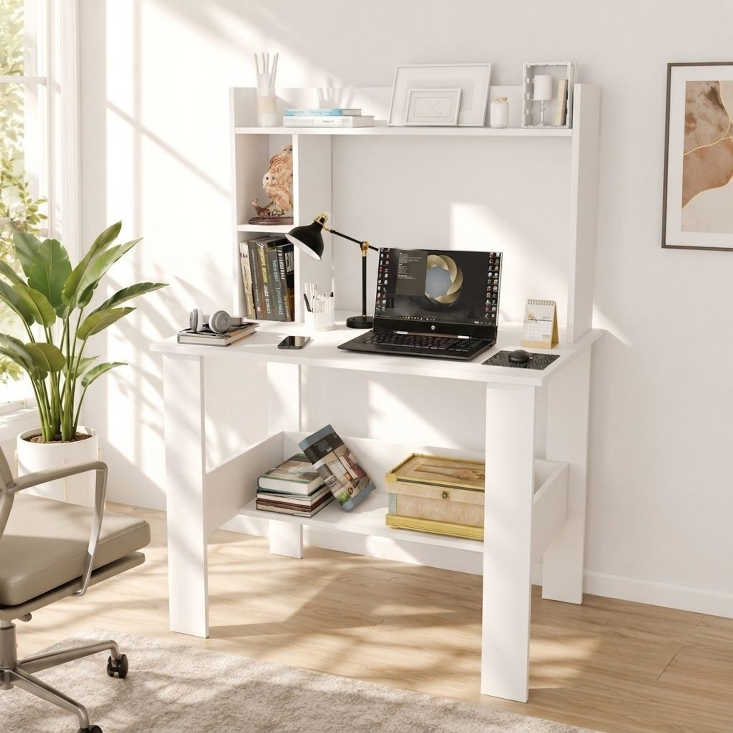 Image of Lukzar Multipurpose Portable Study Desk with Hutch Storage & Shelves for Home Office Engineered Wood Study Table