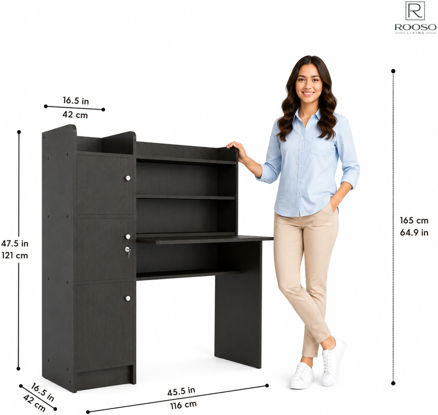 Image of ROOSO LIVING Vision 3 Door Study Table with Storage Cabinet & Bookshelf Engineered Wood Computer Desk