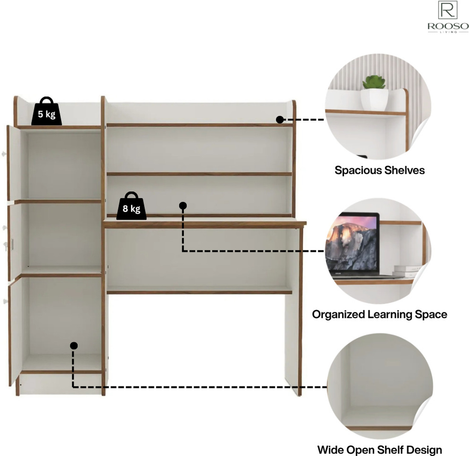 Image of ROOSO LIVING Vision 3 Door Study Table with Storage Cabinet & Bookshelf Engineered Wood Computer Desk