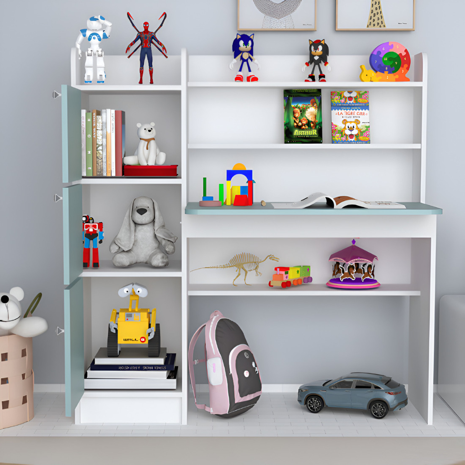Image of ROOSO LIVING Vision 3 Door Study Table with Storage Cabinet & Bookshelf Engineered Wood Computer Desk