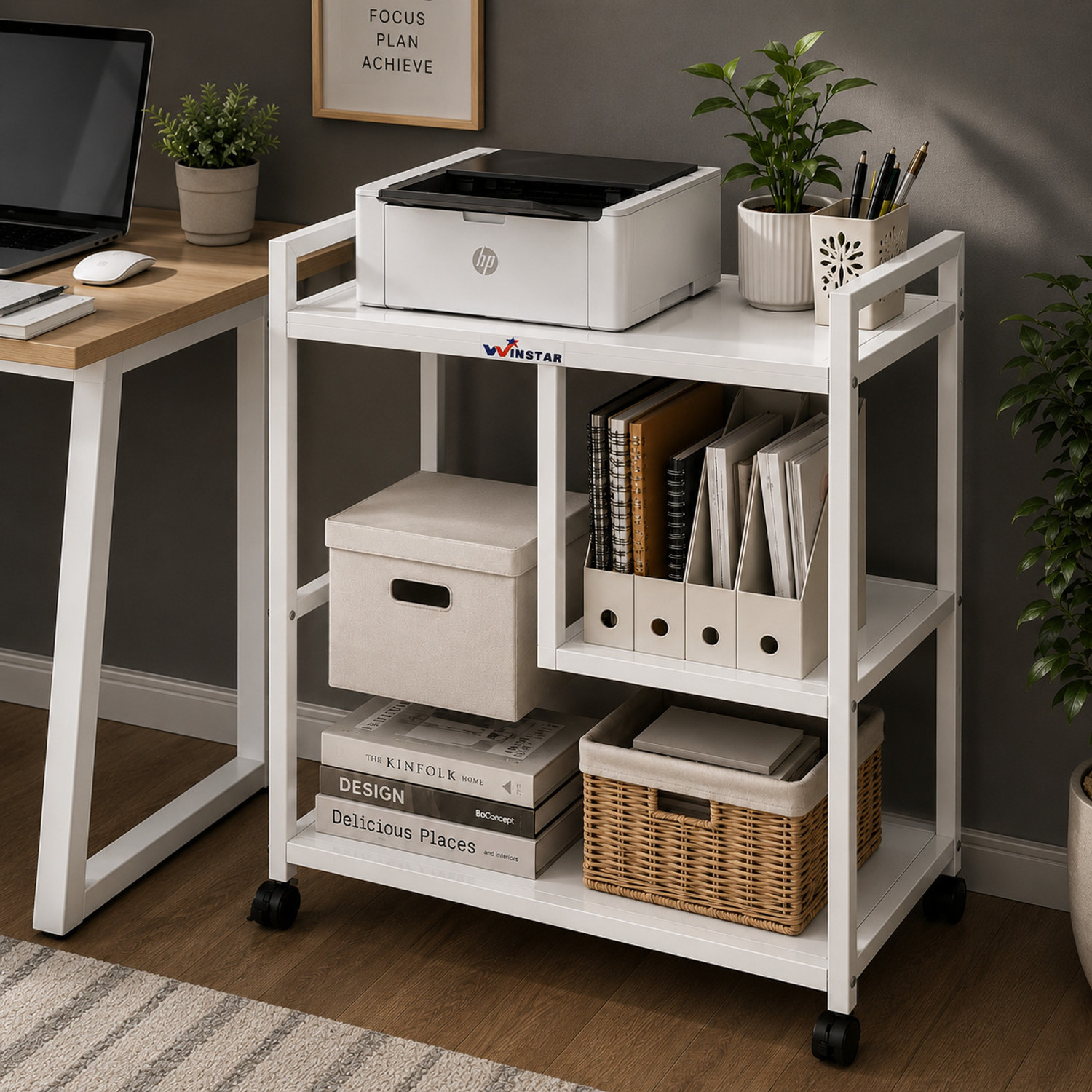 Image of Winstar Printer Stand on Wheels, Shredder & CPU Stand, Rolling Cart for Computer | Metal Computer Desk