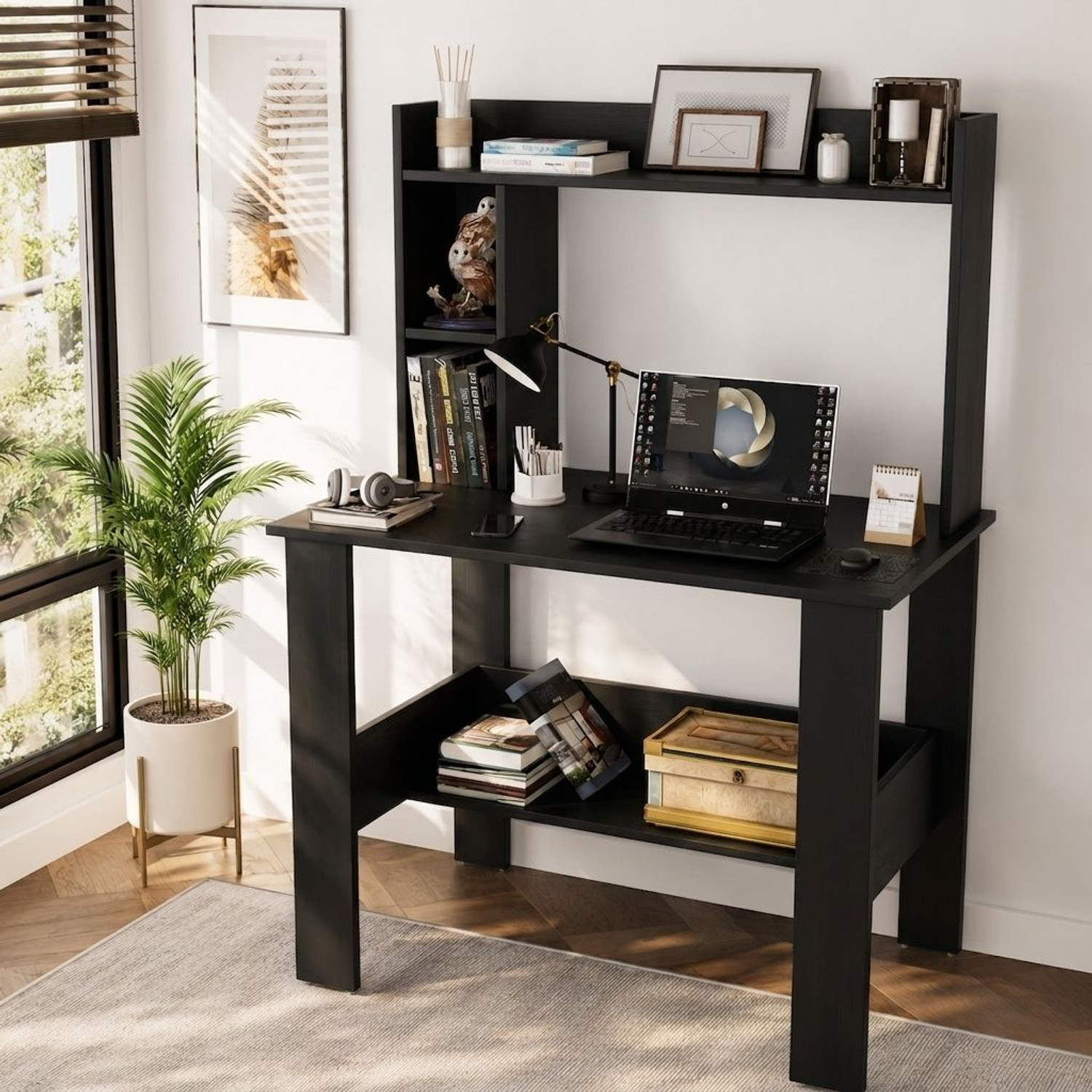 Image of Lukzar Multipurpose Portable Study Desk with Hutch Storage & Shelves for Home Office Engineered Wood Study Table