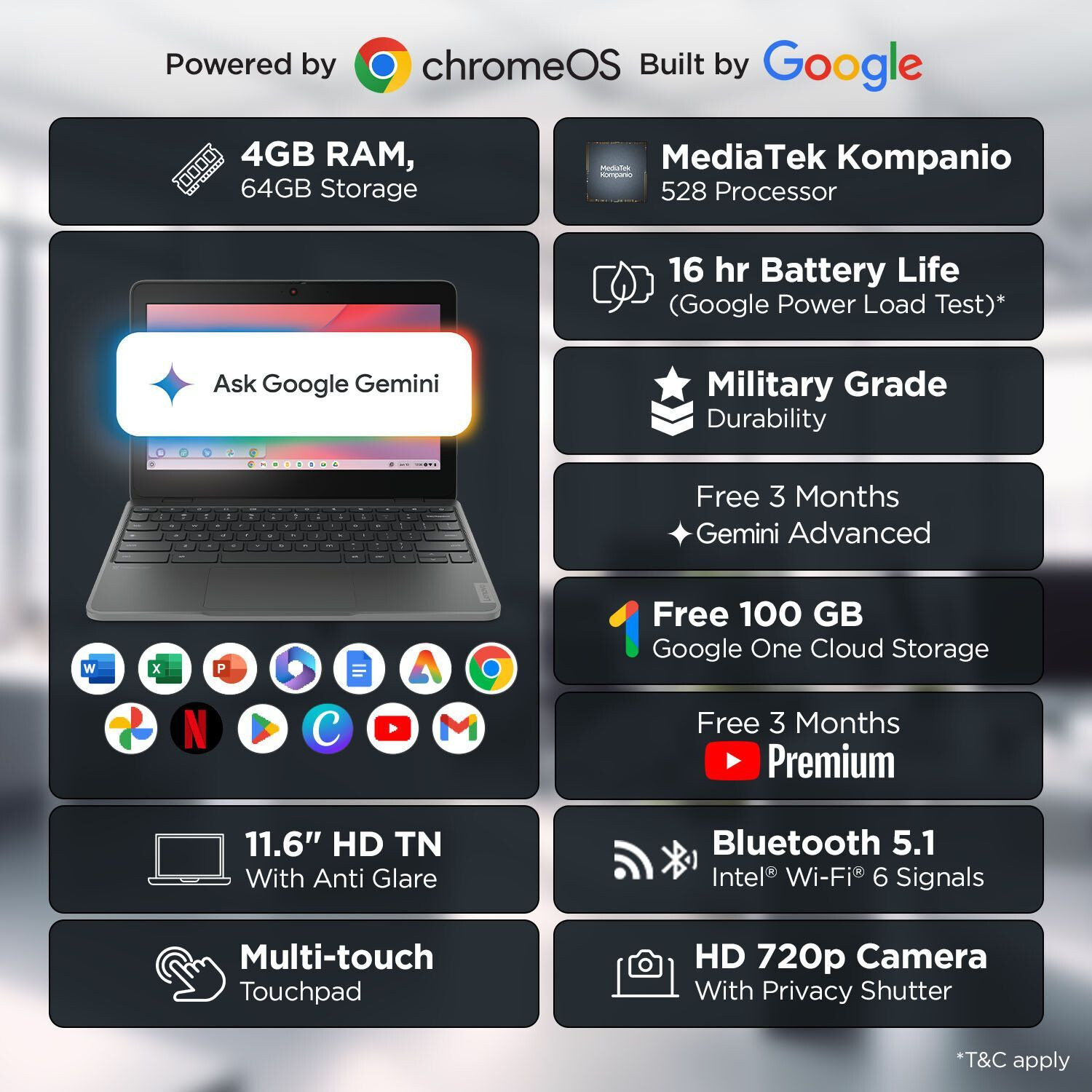 Image of Lenovo 100e Chromebook Gen 4 MediaTek MediaTek Kompanio 528 - (4 GB /64 GB EMMC Storage /Chrome OS) 82W0001DHA Chromebook