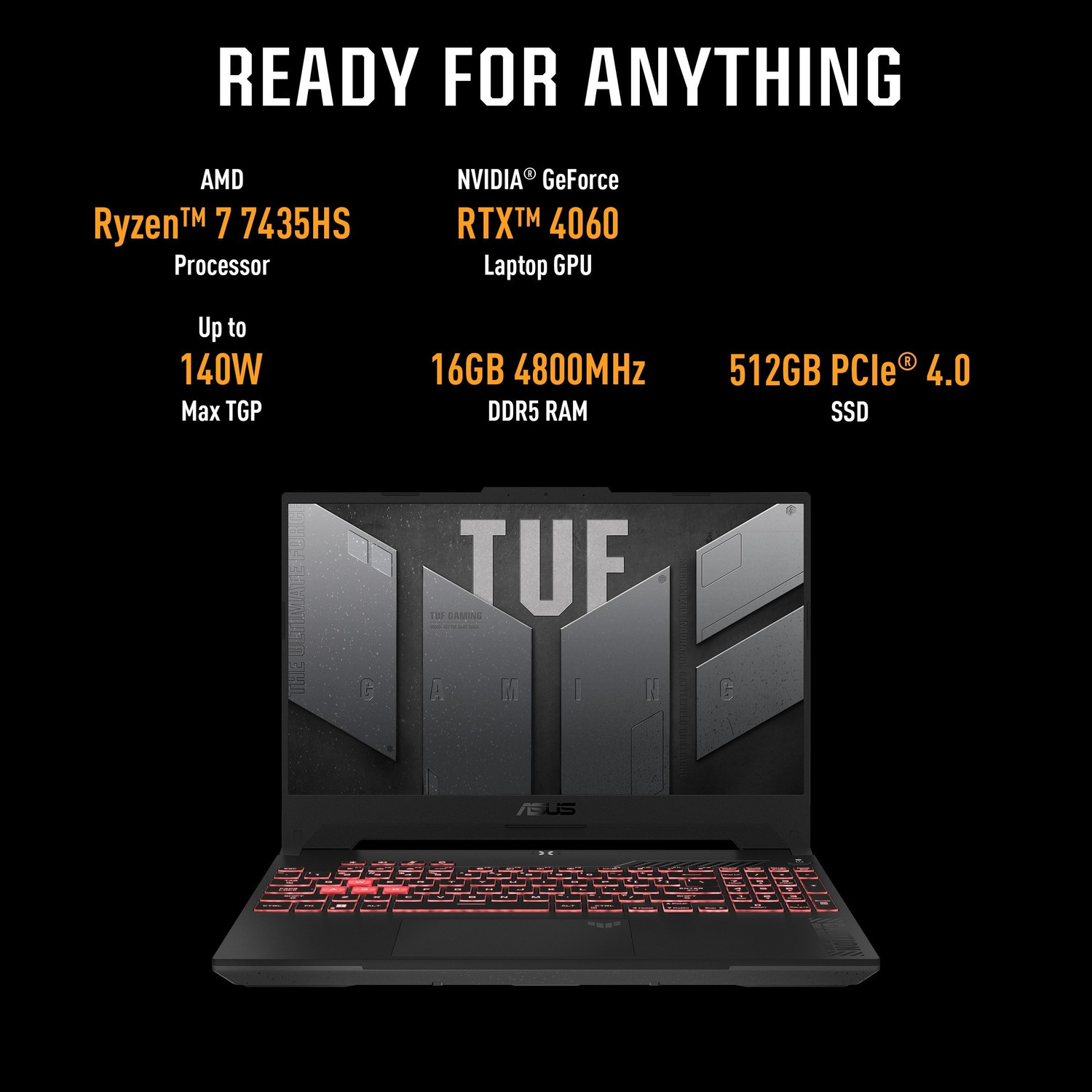 Image of ASUS TUF Gaming A15 AMD Ryzen 7 Octa Core 7435HS - (16 GB /512 GB SSD /Windows 11 Home /8 GB Graphics /NVIDIA GeForce RTX 4060) FA507NVR-LP104WS Gaming Laptop