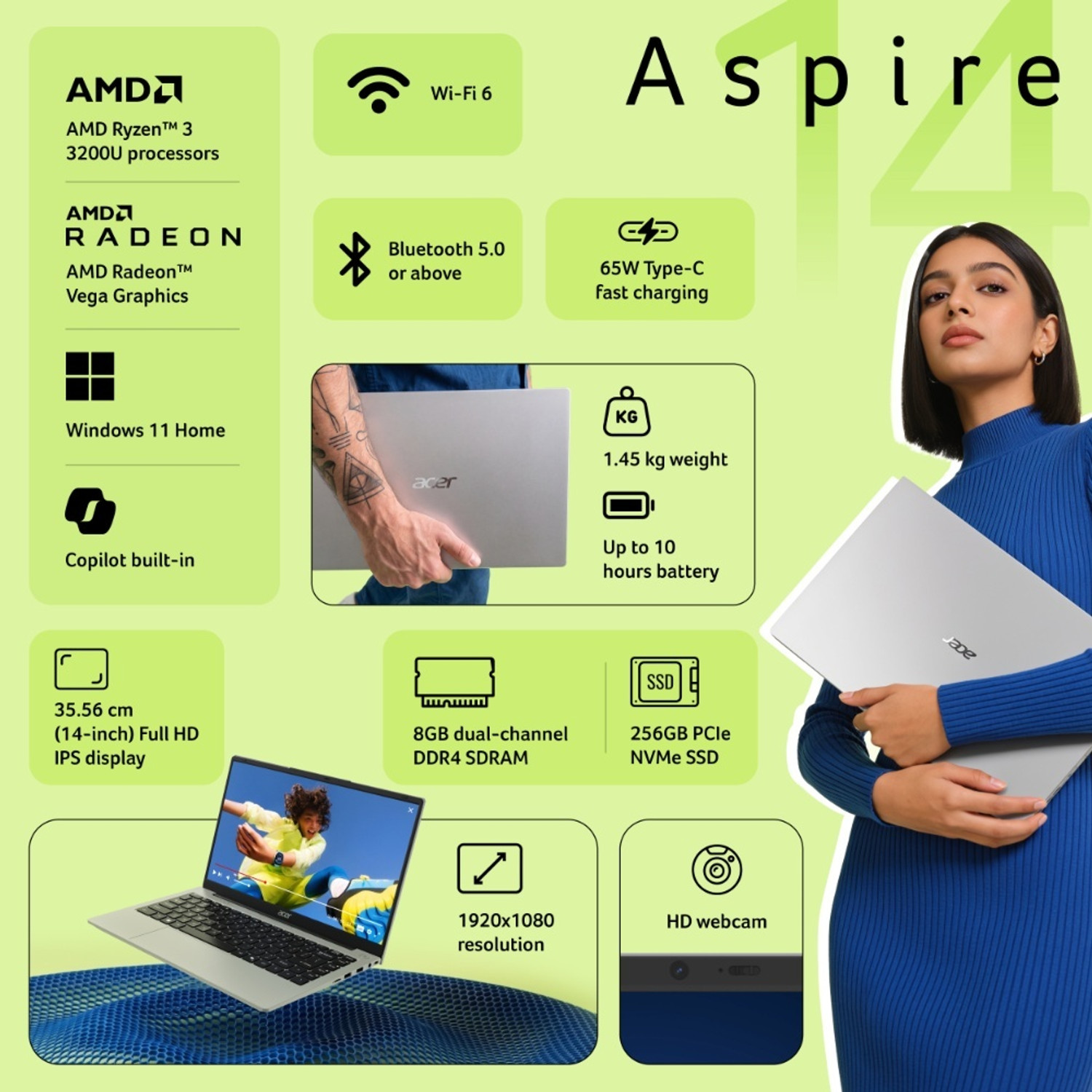 Image of Acer Aspire 14 AMD Ryzen 3 3200U - (8 GB /256 GB SSD /Windows 11 Home) AS14-39 Notebook