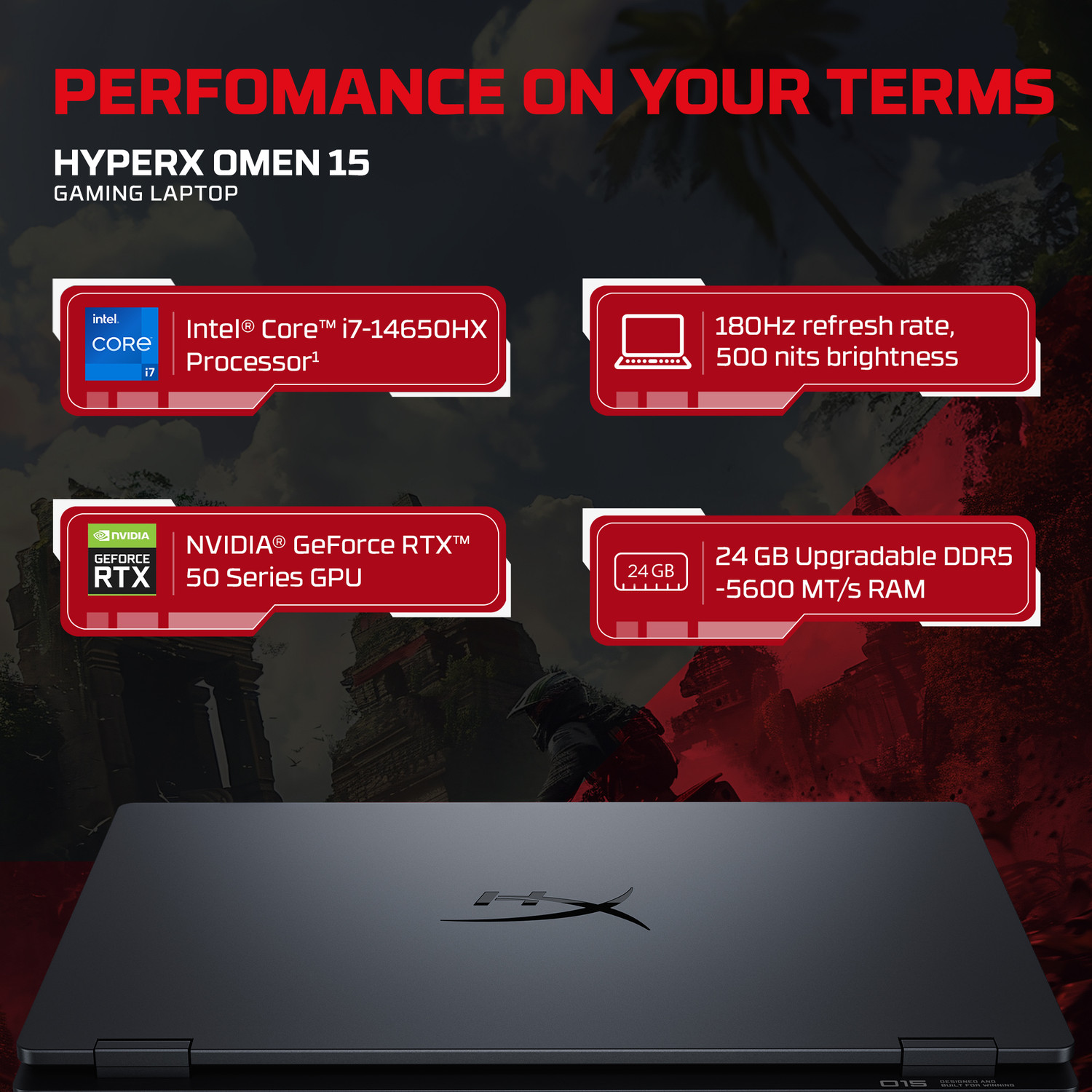 Image of HP HyperX Omen Intel Core i7 14th Gen 14650HX - (24 GB /1 TB SSD /Windows 11 Home /8 GB Graphics /NVIDIA GeForce RTX 5050) 15-ga0028TX Gaming Laptop