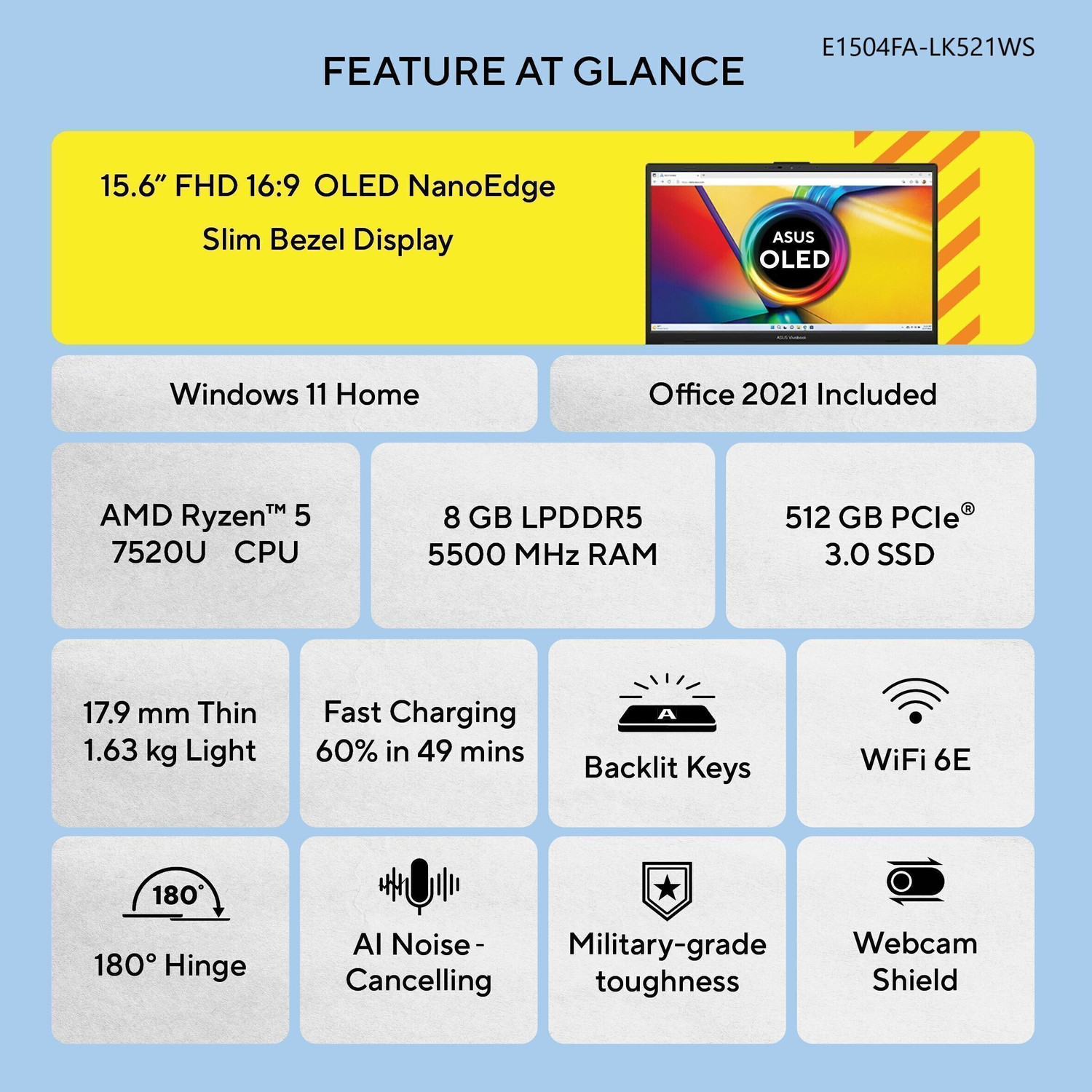 Image of ASUS Vivobook Go 15 OLED, with Backlit Keyboard, AMD Ryzen 5 Quad Core 7520U - (8 GB /512 GB SSD /Windows 11 Home) E1504FA-LK521WS Thin and Light Laptop
