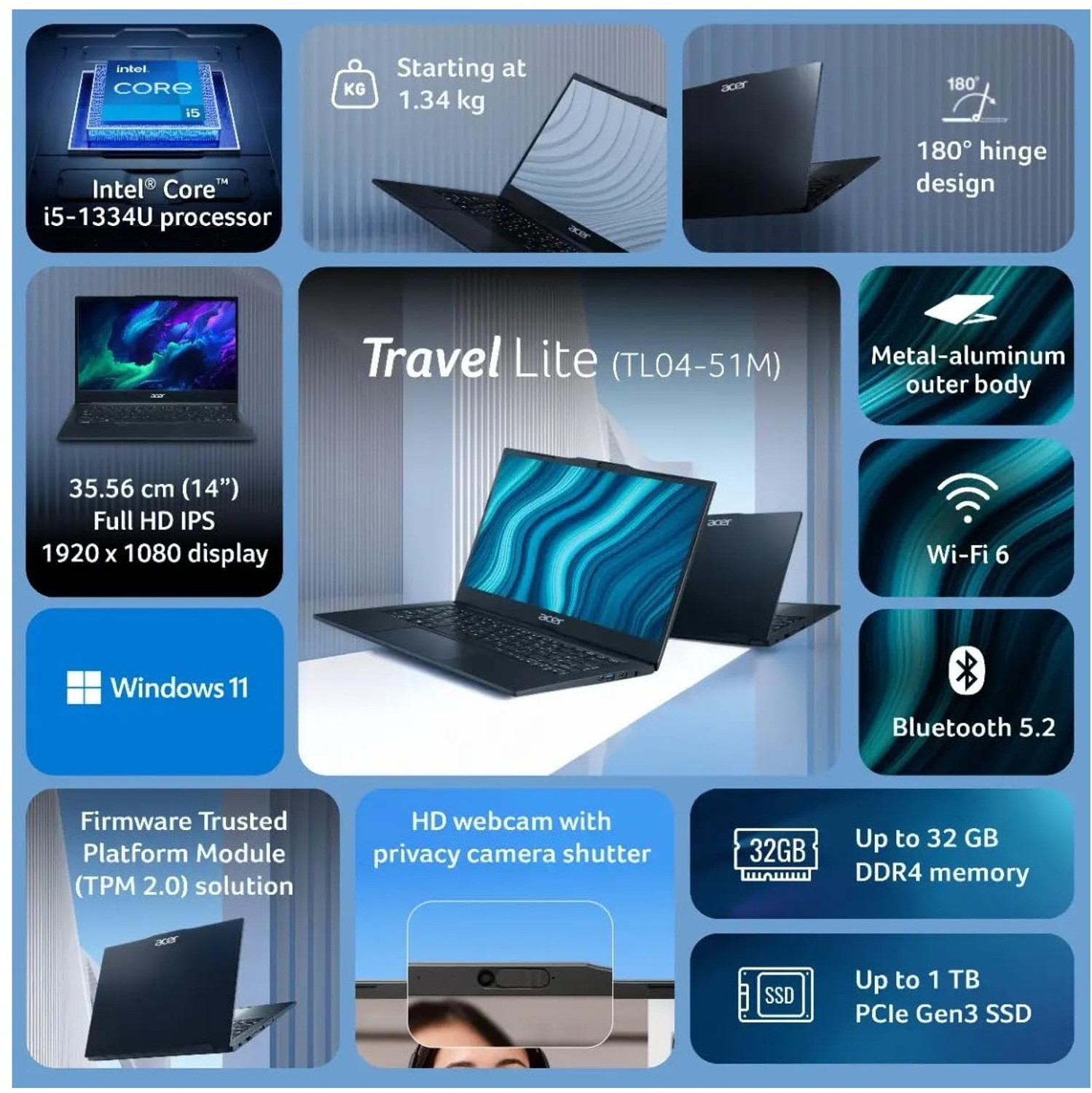 Image of Acer 3 Years Warranty TravelLite (2026) Intel Core i5 13th Gen 1334U - (16 GB /512 GB SSD /Windows 11 Home) TL04-51M Thin and Light Laptop