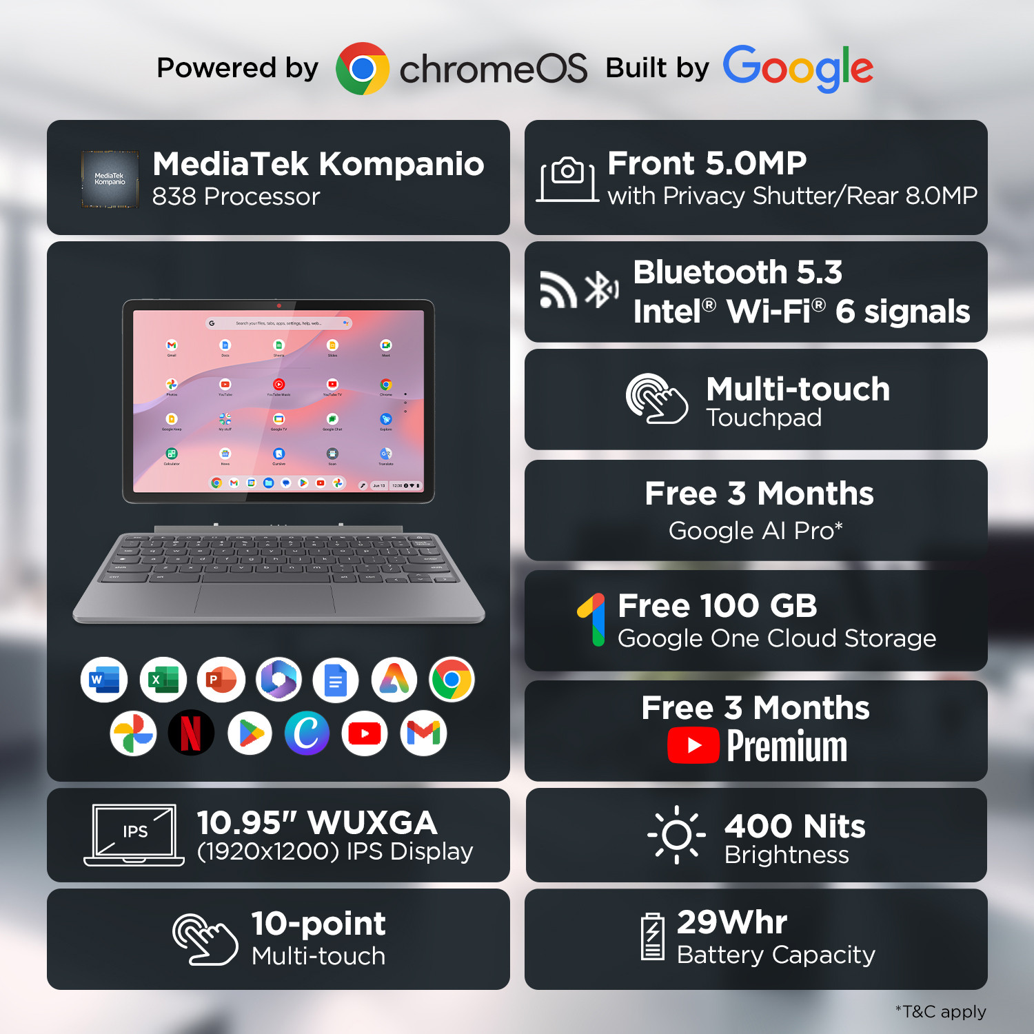 Image of Lenovo MediaTek MediaTek Kompanio 838 - (4 GB /64 GB EMMC Storage /Chrome OS) Chromebook Duet 11M889 Chromebook