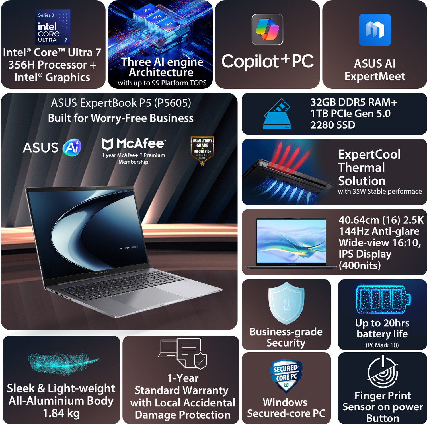 Image of ASUS Expertbook P5 Full metal AI PC with 1 Yr ADP Intel Core Ultra 7 356H - (32 GB /1 TB SSD /Windows 11 Home) P5605CAA-PL0049WS Laptop