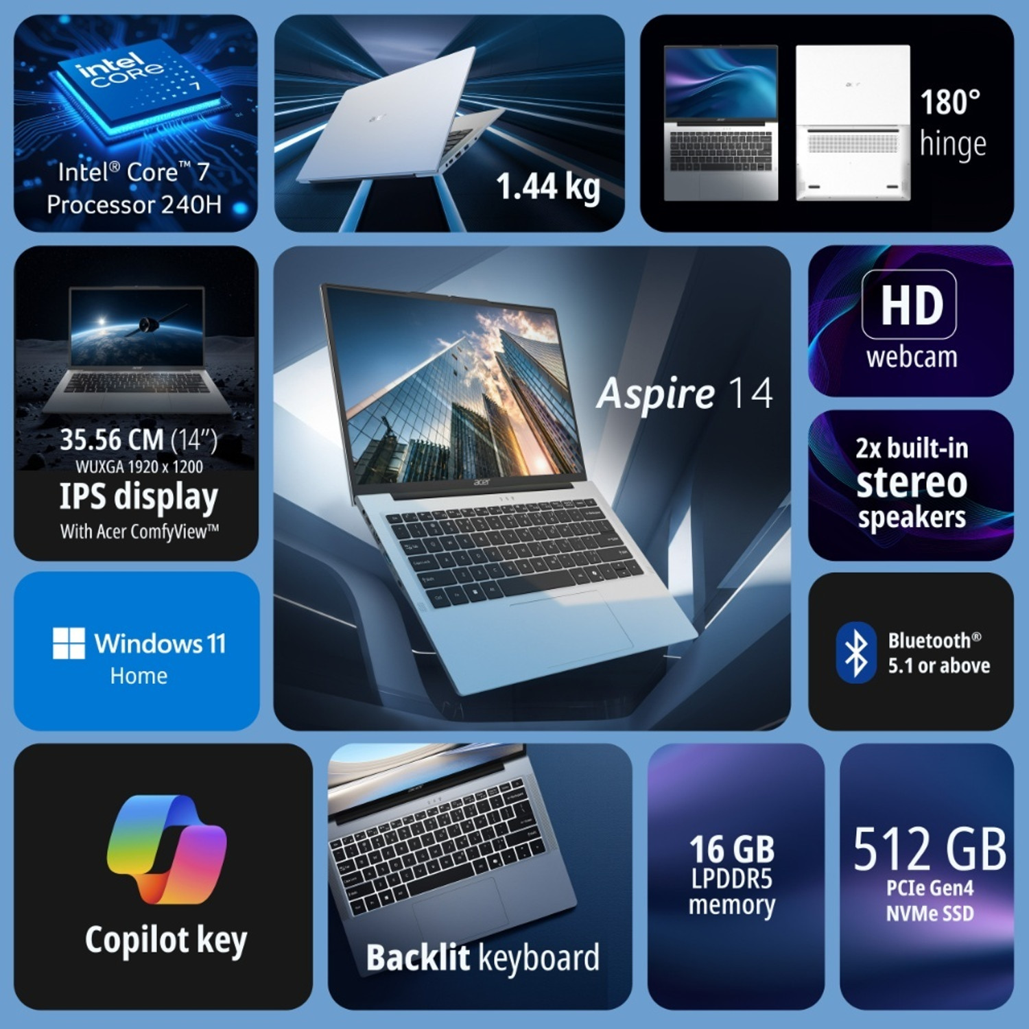 Image of Acer Aspire 14 Intel Core 7 240H - (16 GB /512 GB SSD /Windows 11 Home) AS14H-53 Notebook