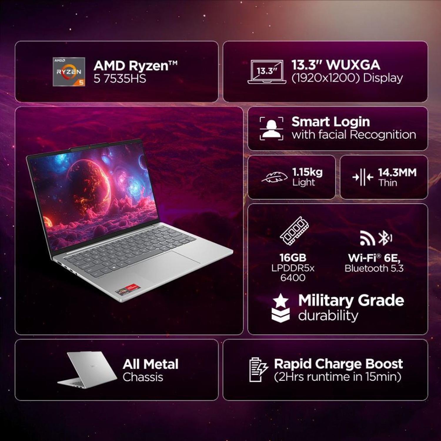 Image of Lenovo AMD Ryzen 5 Hexa Core 7535HS - (16 GB /512 GB SSD /Windows 11 Home) IdeaPad Slim 5 13ARP10 Thin and Light Laptop