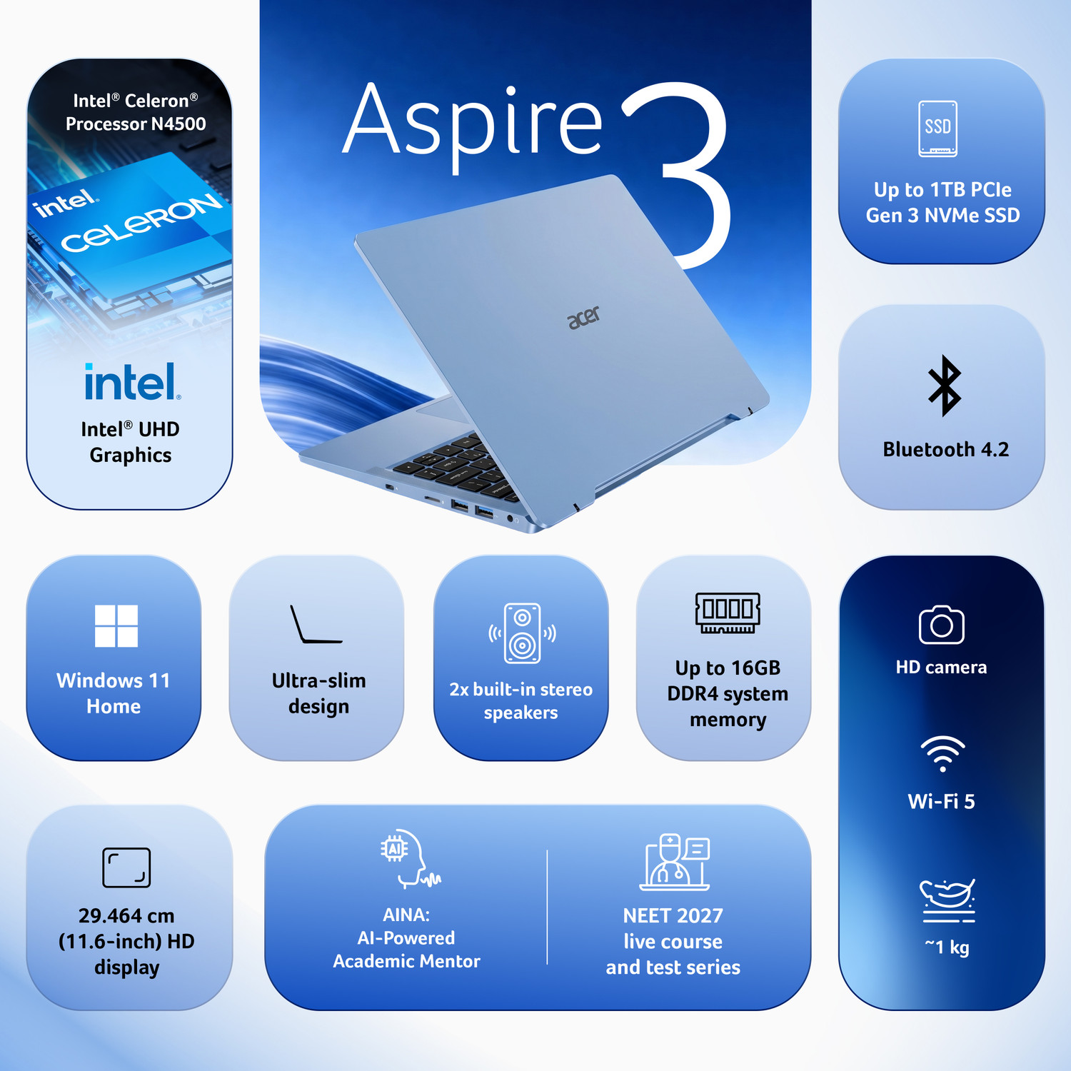 Image of Acer Aspire with Infinity Learn Neet Pro Course Intel Celeron Dual Core N4500 - (8 GB /128 GB SSD /Windows 11 Home) A311-45 Notebook