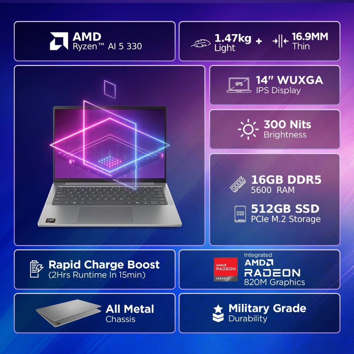 Image of Lenovo AMD Ryzen AI 5 Quad Core 330 - (16 GB /512 GB SSD /Windows 11 Home) IdeaPad Slim 5 14AKP10 Thin and Light Laptop
