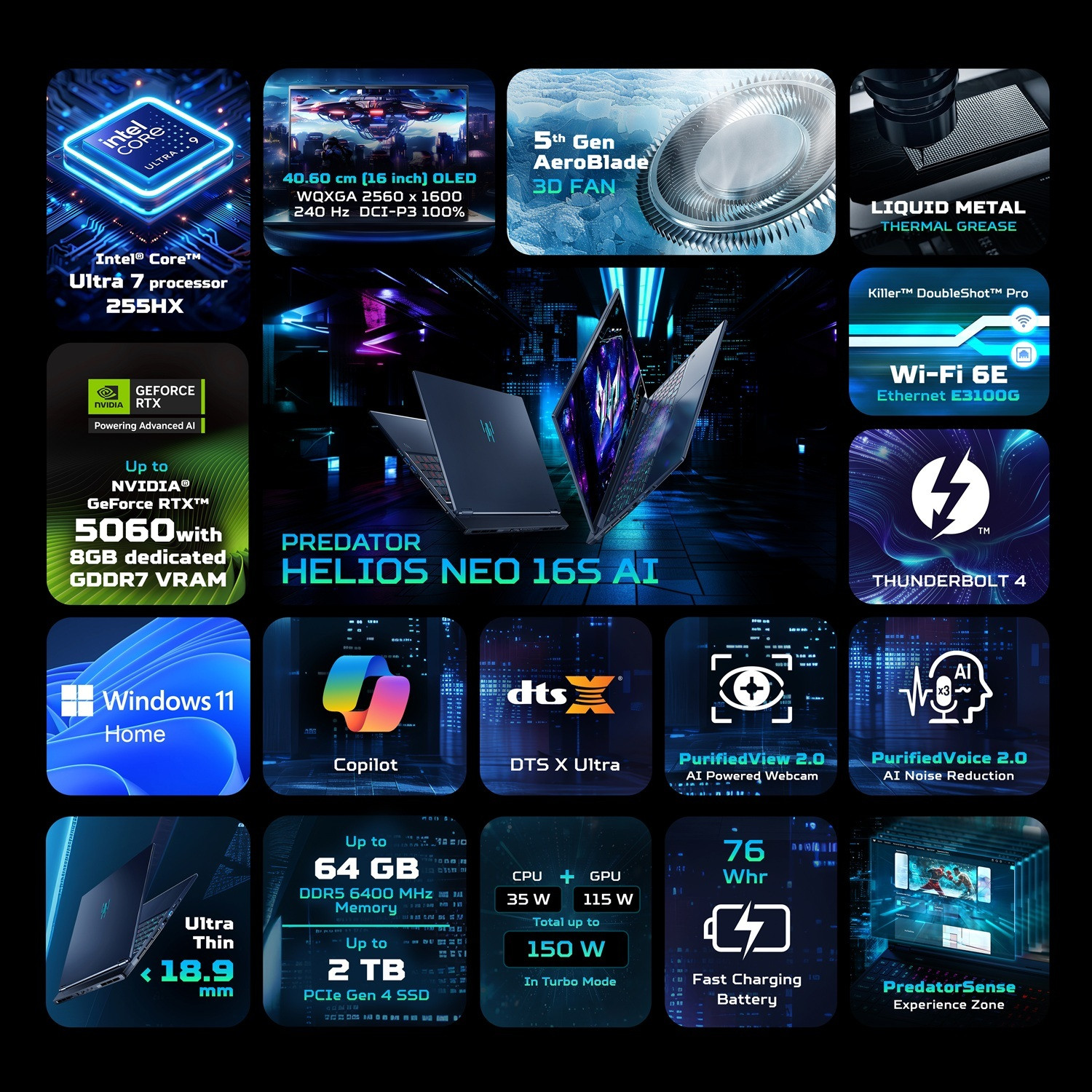 Image of Acer Predator Helios Neo 16S AI Intel Core Ultra 7 255 HX - (16 GB /1 TB SSD /Windows 11 Home /8 GB Graphics /NVIDIA GeForce RTX 5060) PHN16S-71 Gaming Laptop