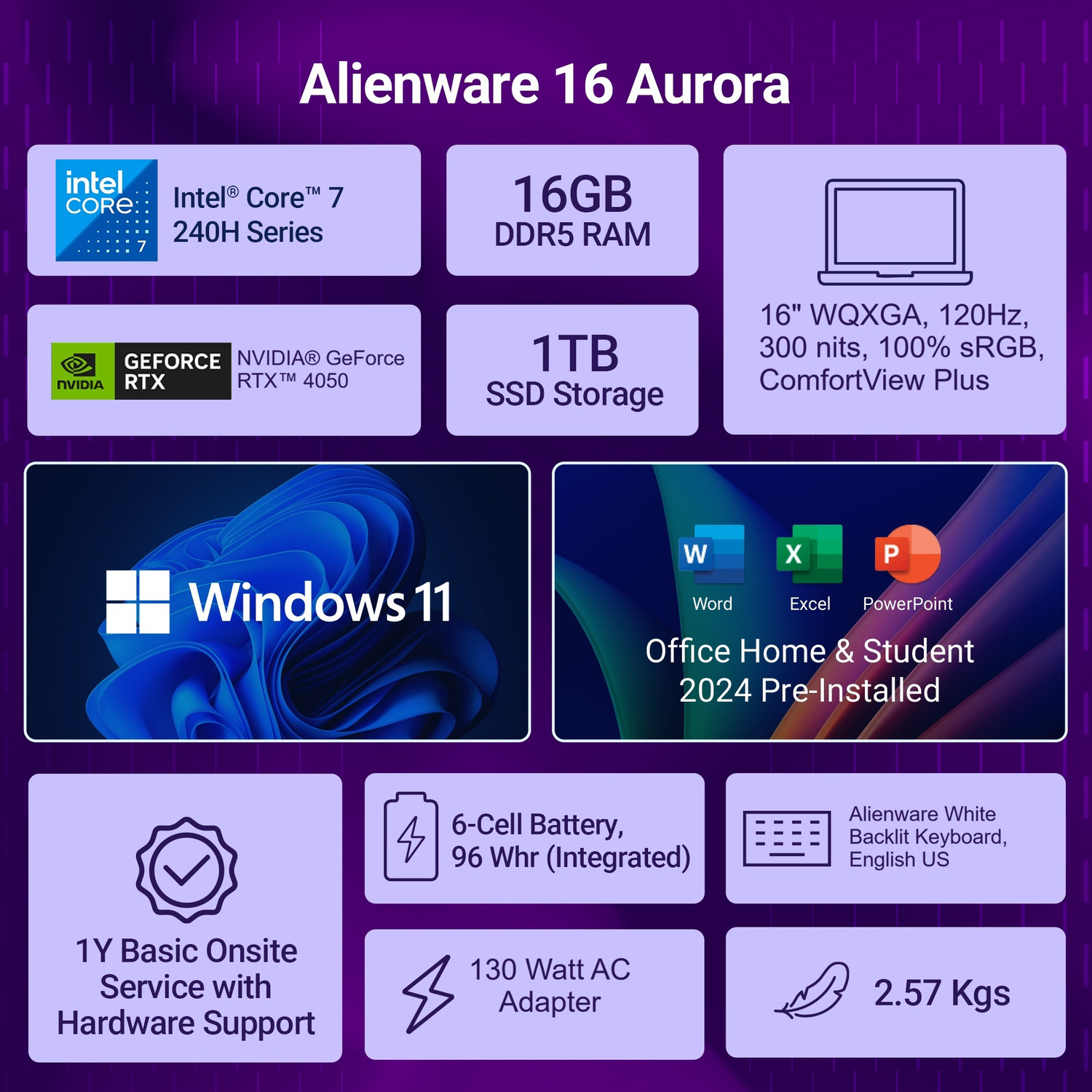 Image of DELL Alienware 16 Aurora (i7 14th Gen) Microsoft Office Home 2024 Intel Core 7 240 H - (16 GB /1 TB SSD /Windows 11 Home /6 GB Graphics /NVIDIA GeForce RTX 4050 /120 Hz) OAN1625000701MINO Gaming Laptop